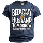 Navy t-shirt with text "Beer Today Husband Tomorrow Bachelor Party 2026."