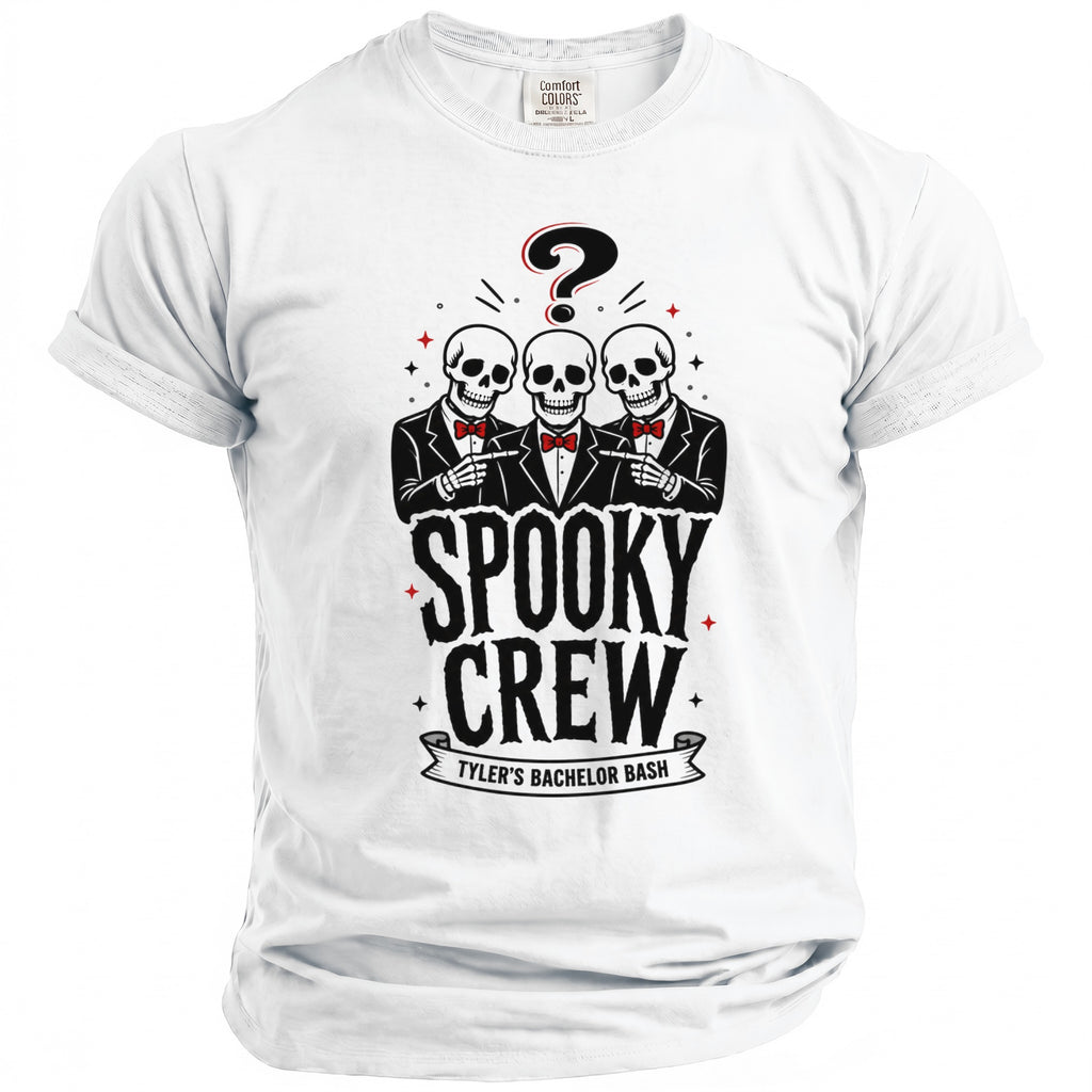 White t-shirt with "Spooky Crew Tyler's Bachelor Bash" graphic and three skeletons.