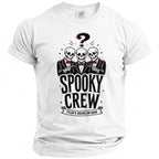 White t-shirt with "Spooky Crew Tyler's Bachelor Bash" graphic and three skeletons.