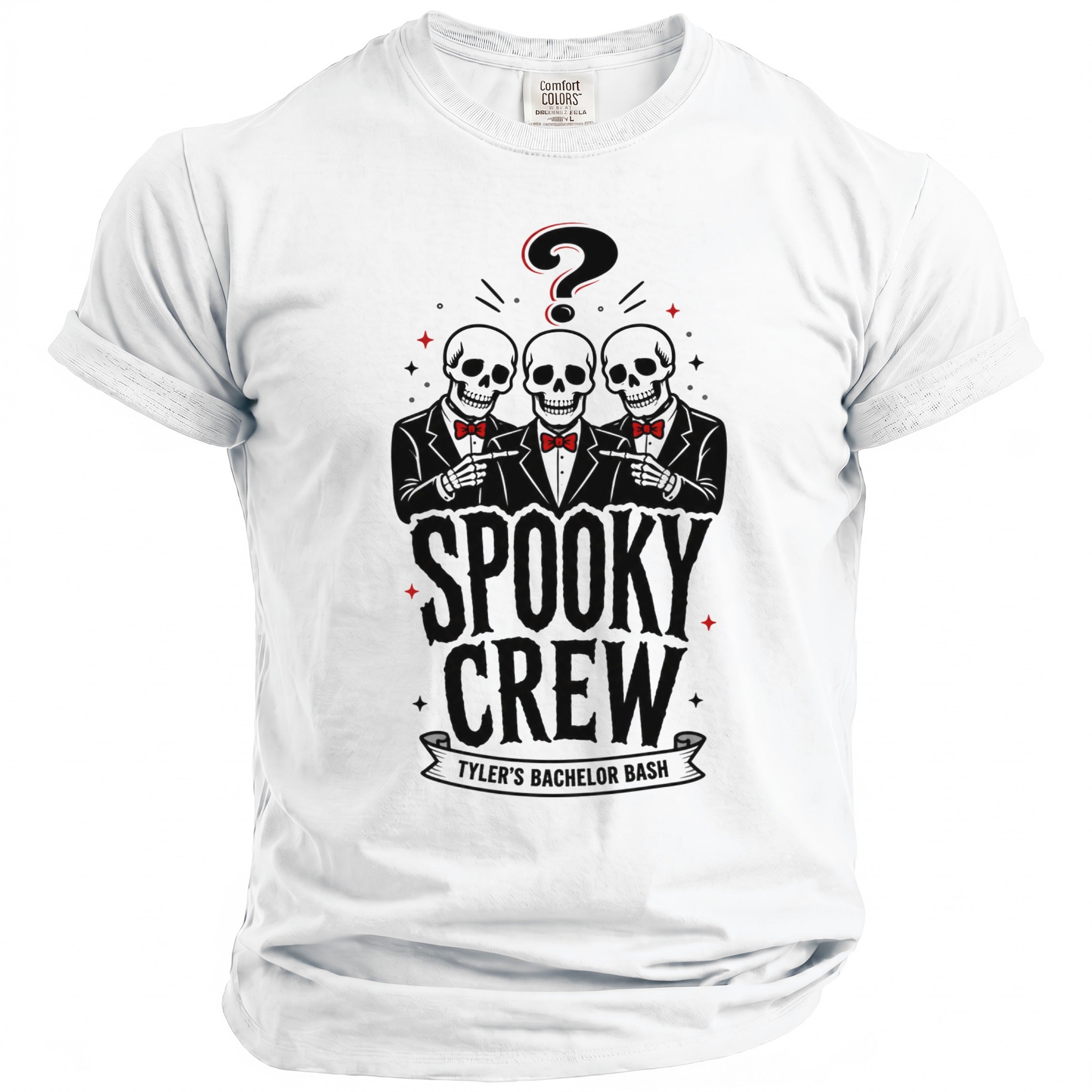 White t-shirt with "Spooky Crew Tyler's Bachelor Bash" graphic and three skeletons.