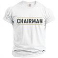 White t-shirt with "CHAIRMAN" printed in distressed black lettering on a striped band.