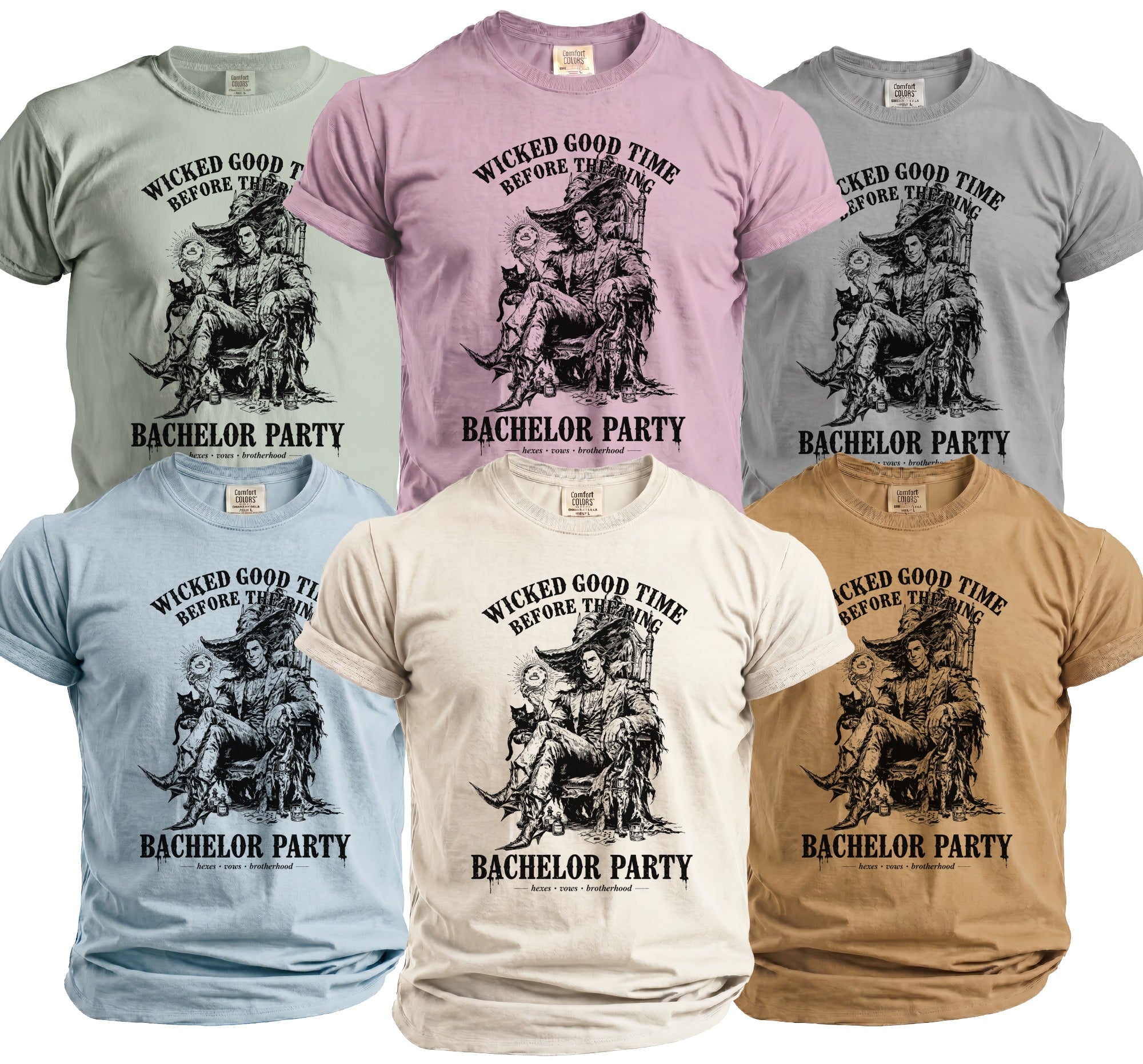 Six t-shirts in various colors featuring a man in a throne with text: "Wicked Good Time Before The Ring".