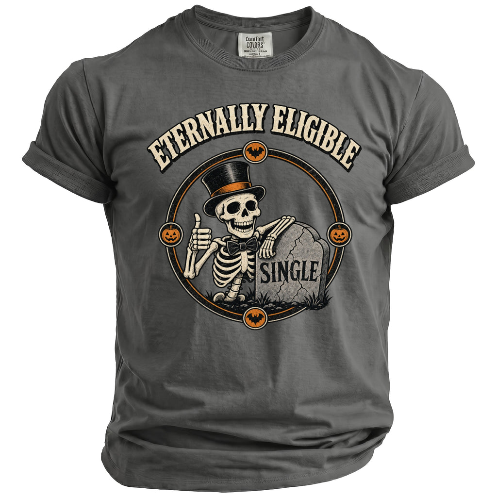 Skeleton in top hat leaning on tombstone that says "SINGLE" with pumpkins and bats.