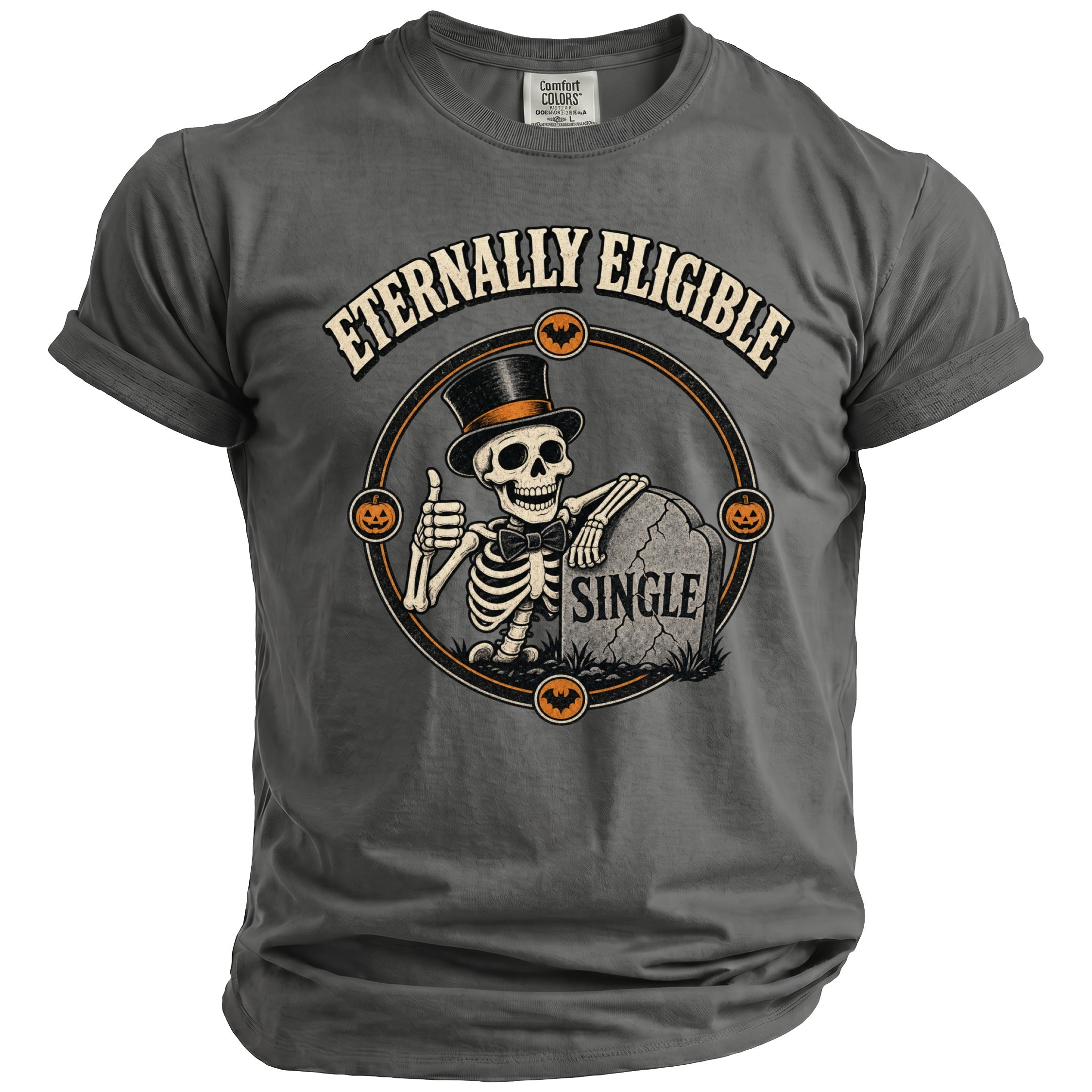 Skeleton in top hat leaning on tombstone that says "SINGLE" with pumpkins and bats.