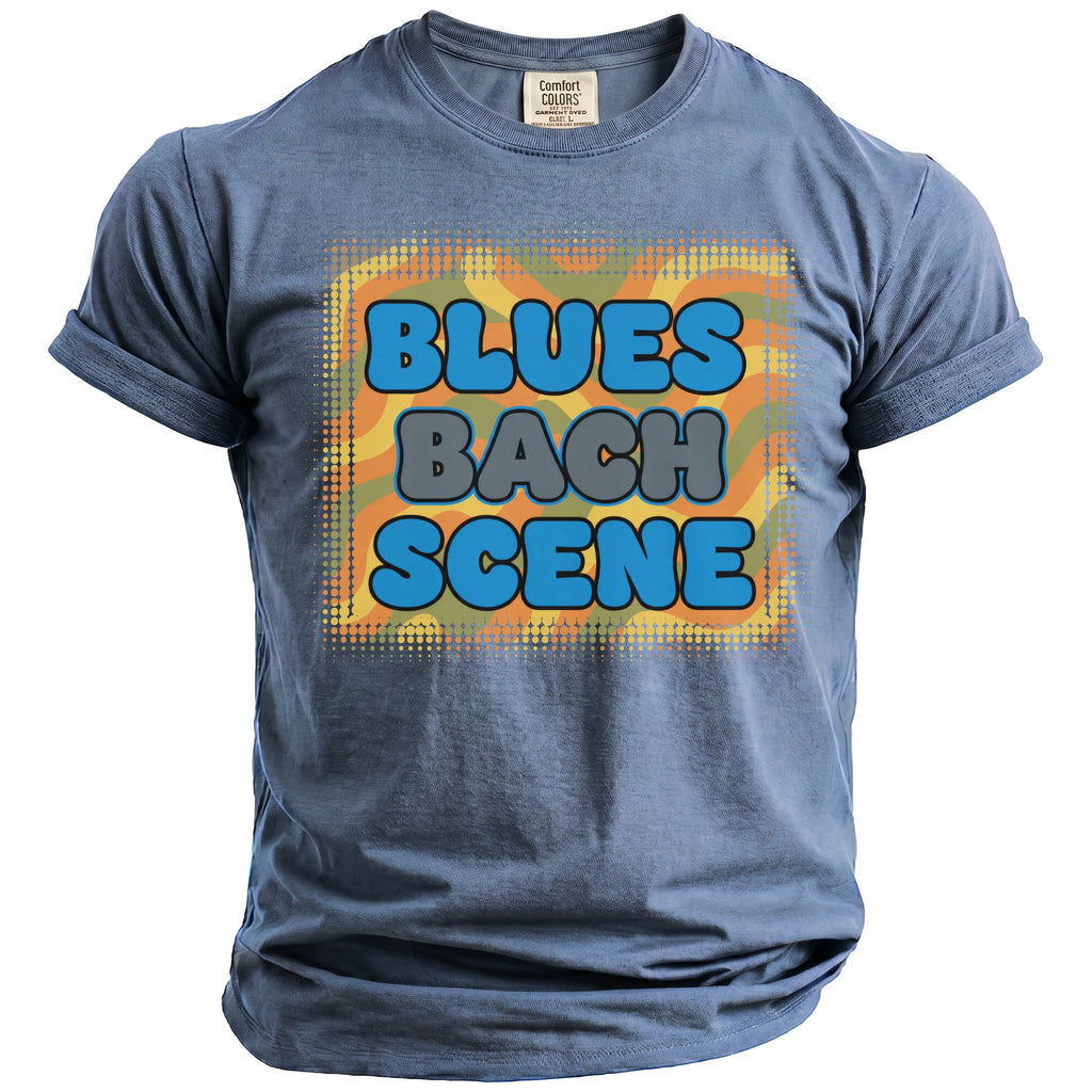 Blue Comfort Colors t-shirt with "BLUES BACH SCENE" text and psychedelic graphic.