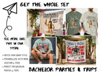 Bachelor party banners and t-shirts featuring "The Final Countdown."