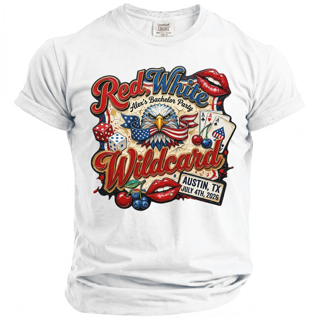 Red White Wildcard with eagle, lips, dice, cards, and cherries for bachelor party.