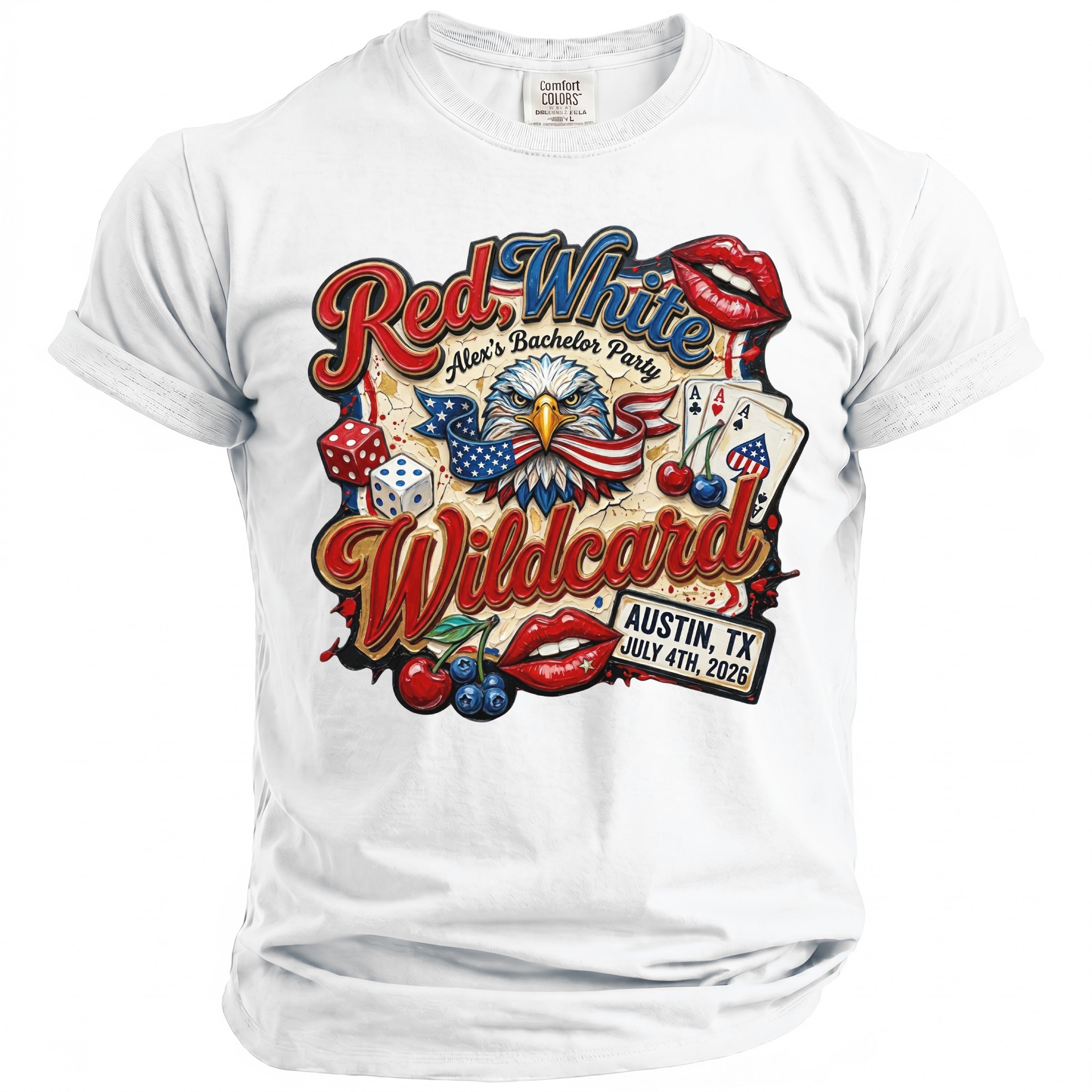 Red White Wildcard with eagle, lips, dice, cards, and cherries for bachelor party.