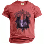 Red t-shirt with gothic gate, cloaked figure, and "SOME CURSES FOLLOW YOU HOME".