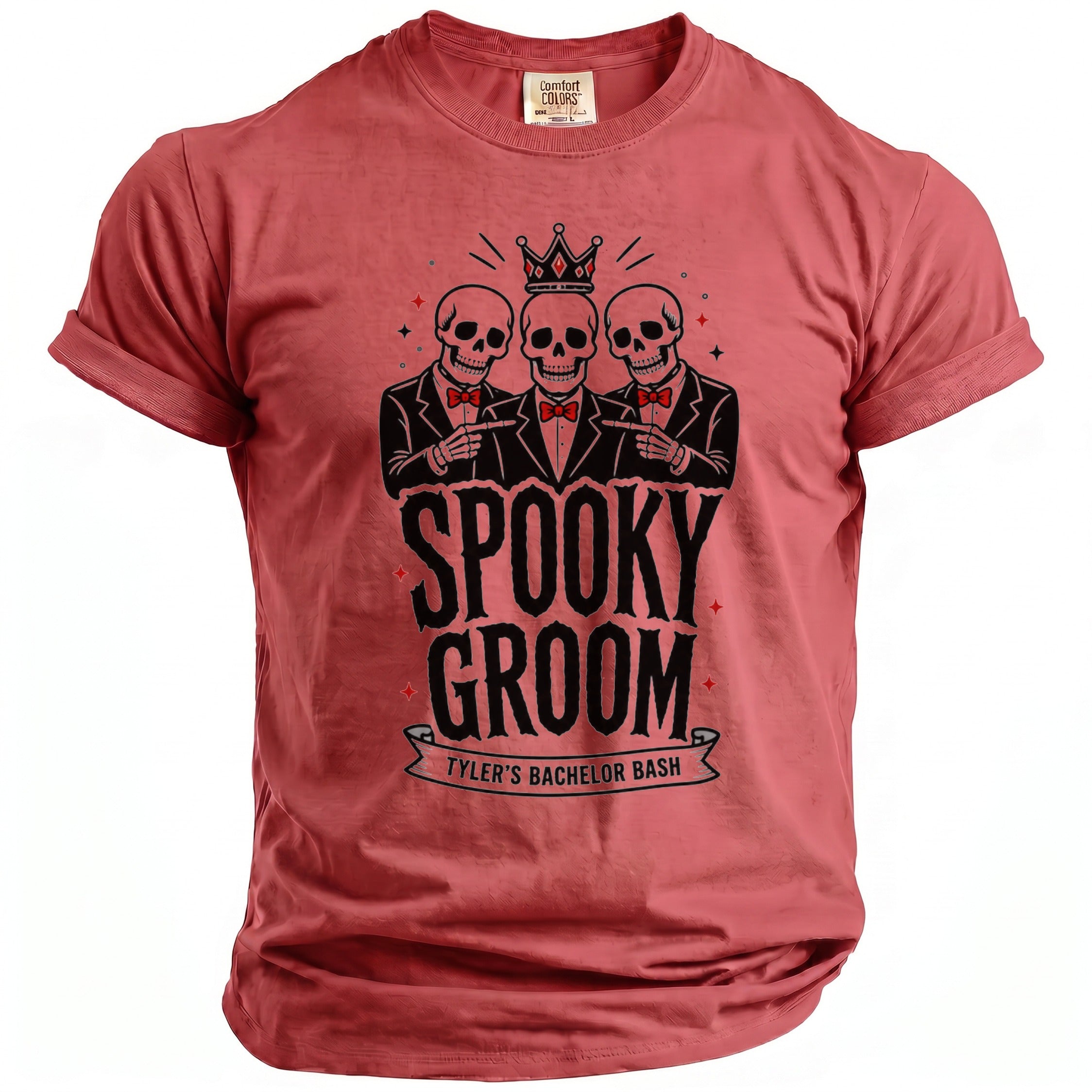 Red t-shirt with three skeletons wearing crowns, the words Spooky Groom, and Tyler's Bachelor Bash.
