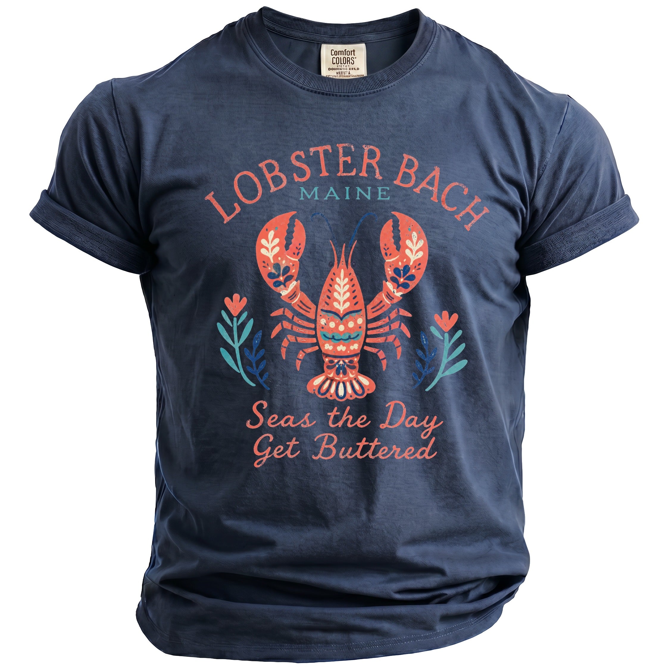 Navy t-shirt with lobster graphic and text "Lobster Bach Maine Seas the Day Get Buttered".