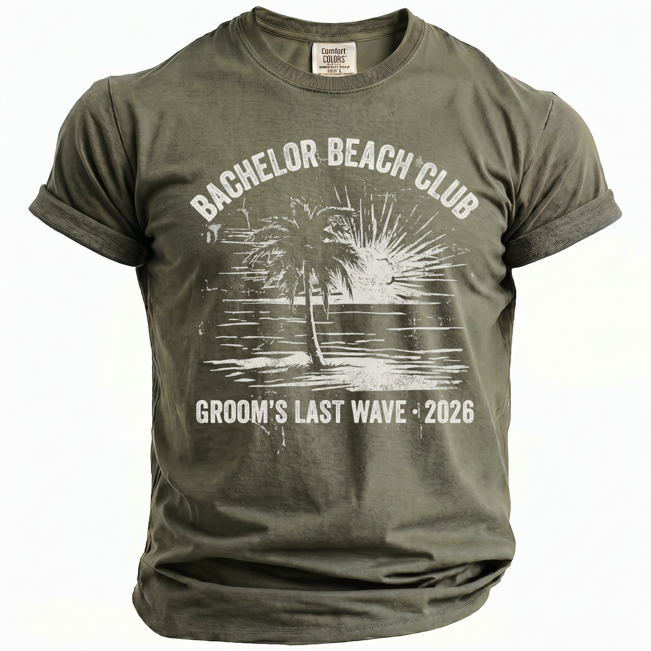 Olive green t-shirt with "BACHELOR BEACH CLUB" and "GROOM'S LAST WAVE 2026" text.