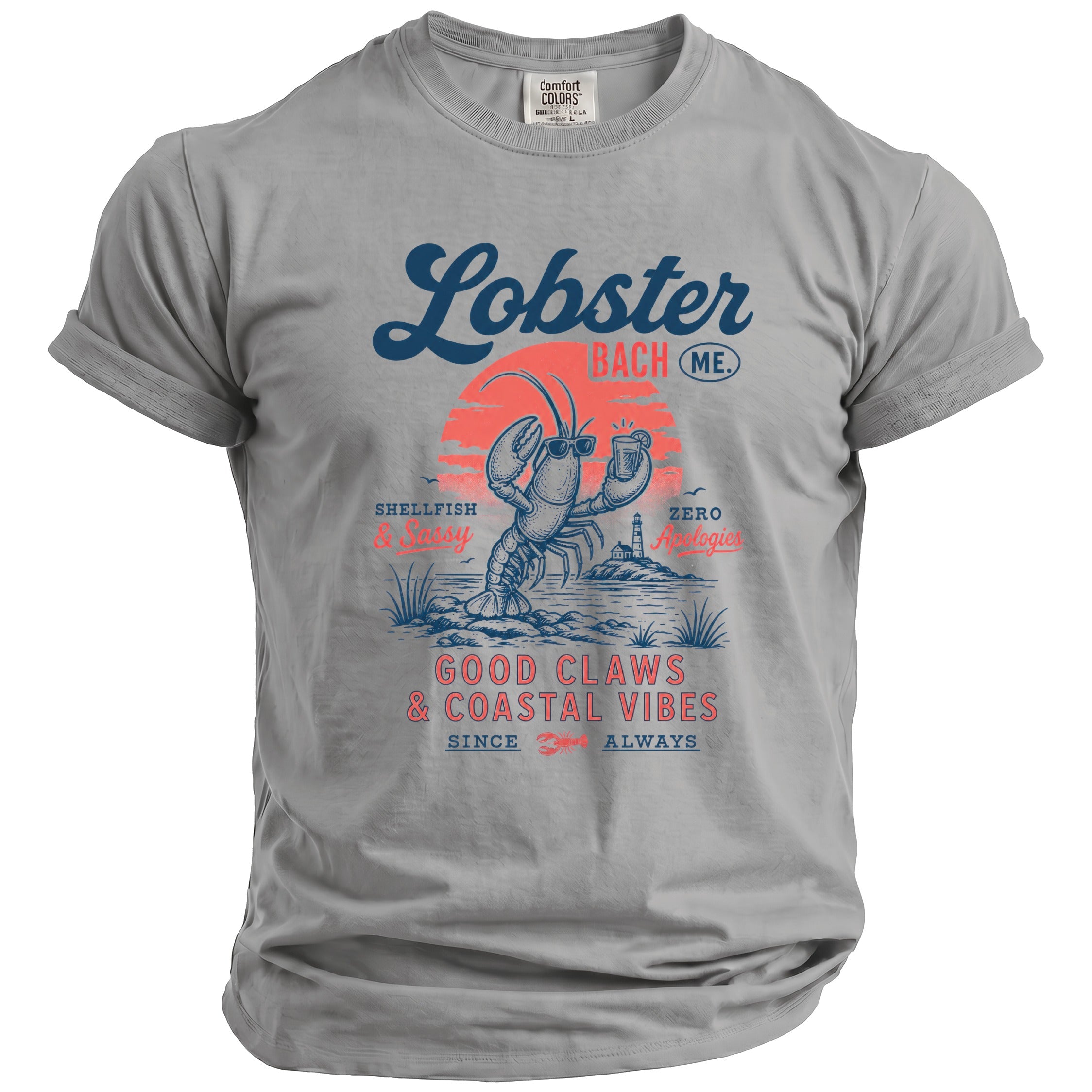 Grey t-shirt with "Lobster Bach ME" and lobster graphic.