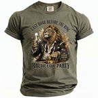 T-shirt with a lion in a suit holding champagne, "Last Roar Before the Ring" and "Bachelor Party" text.