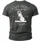 Gray t-shirt with "LAST SWING Before the Ring" and golf bag graphic.