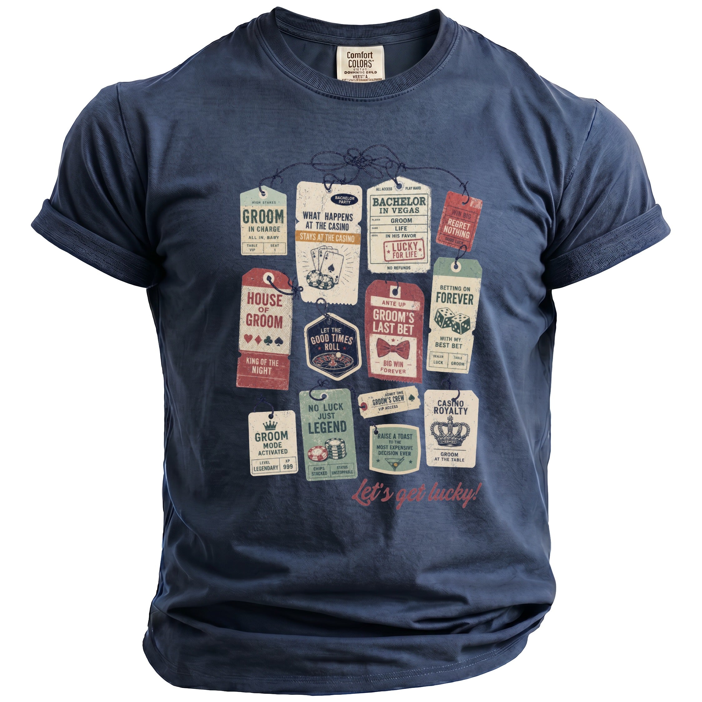 Navy blue t-shirt with tags depicting casino and groom-themed text and graphics.