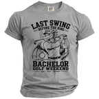 Grey t-shirt with dragon golfer graphic and text "Last Swing Before The Ring" and "Bachelor Golf Weekend".