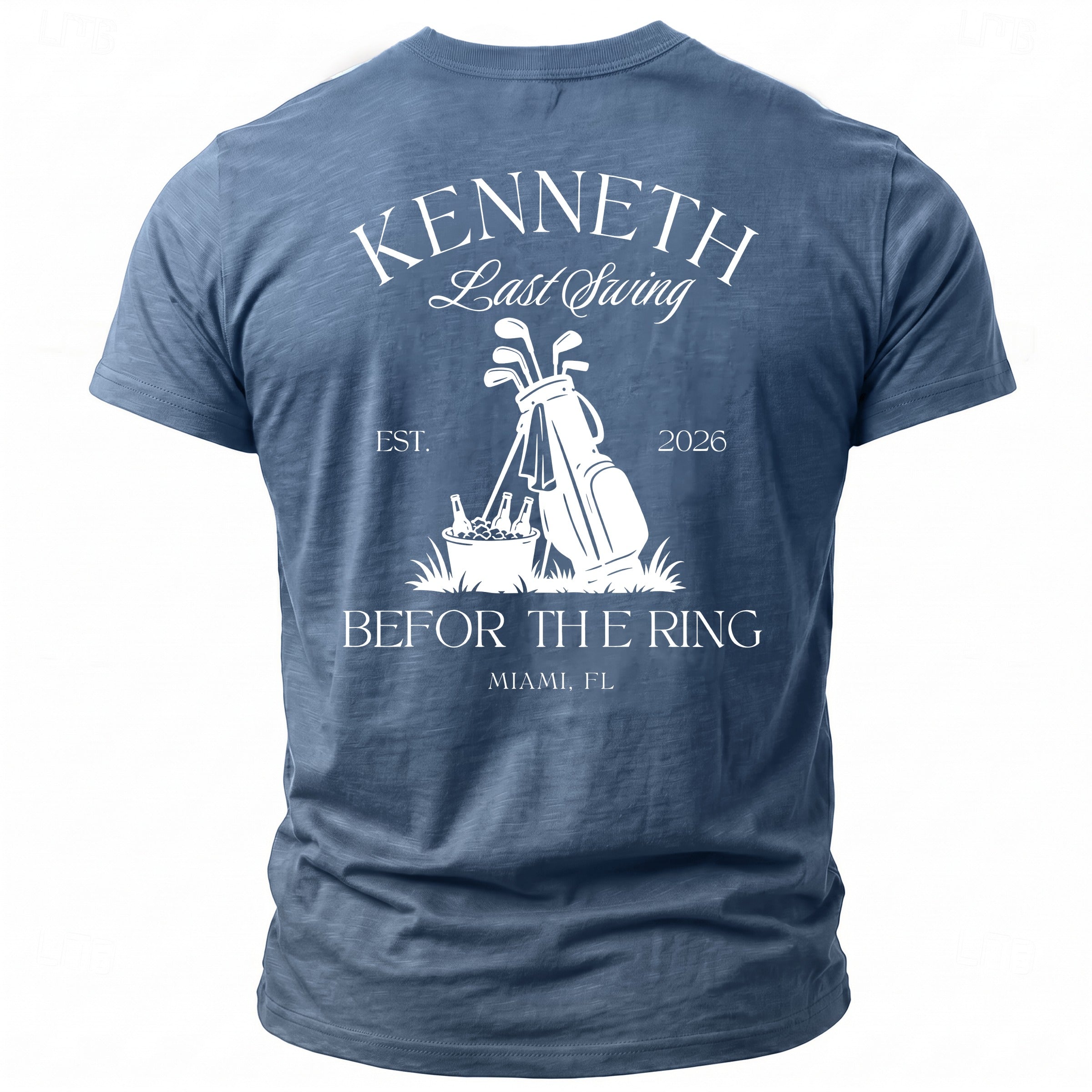 Blue t-shirt with "Kenneth Last Swing Est. 2026 Be For The Ring Miami, FL" text.