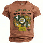 Brown t-shirt with "Mike's Bach The Final Countdown" text and bachelor party graphics.