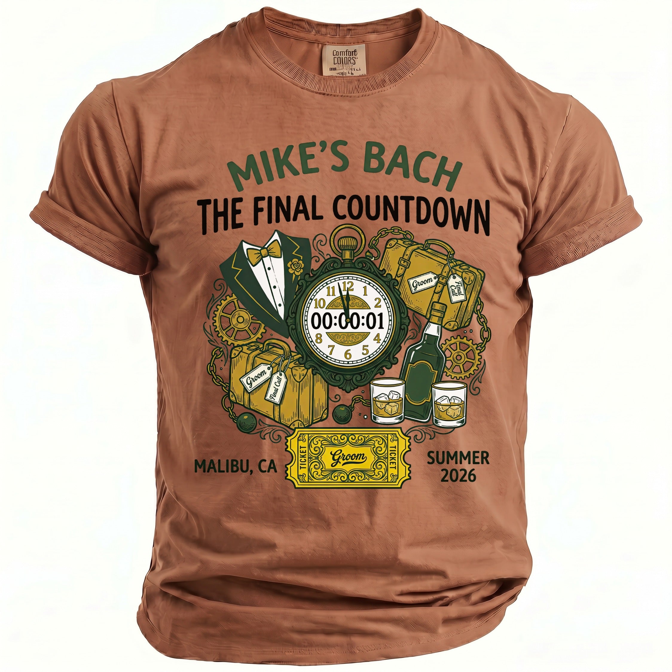 Brown t-shirt with "Mike's Bach The Final Countdown" text and bachelor party graphics.