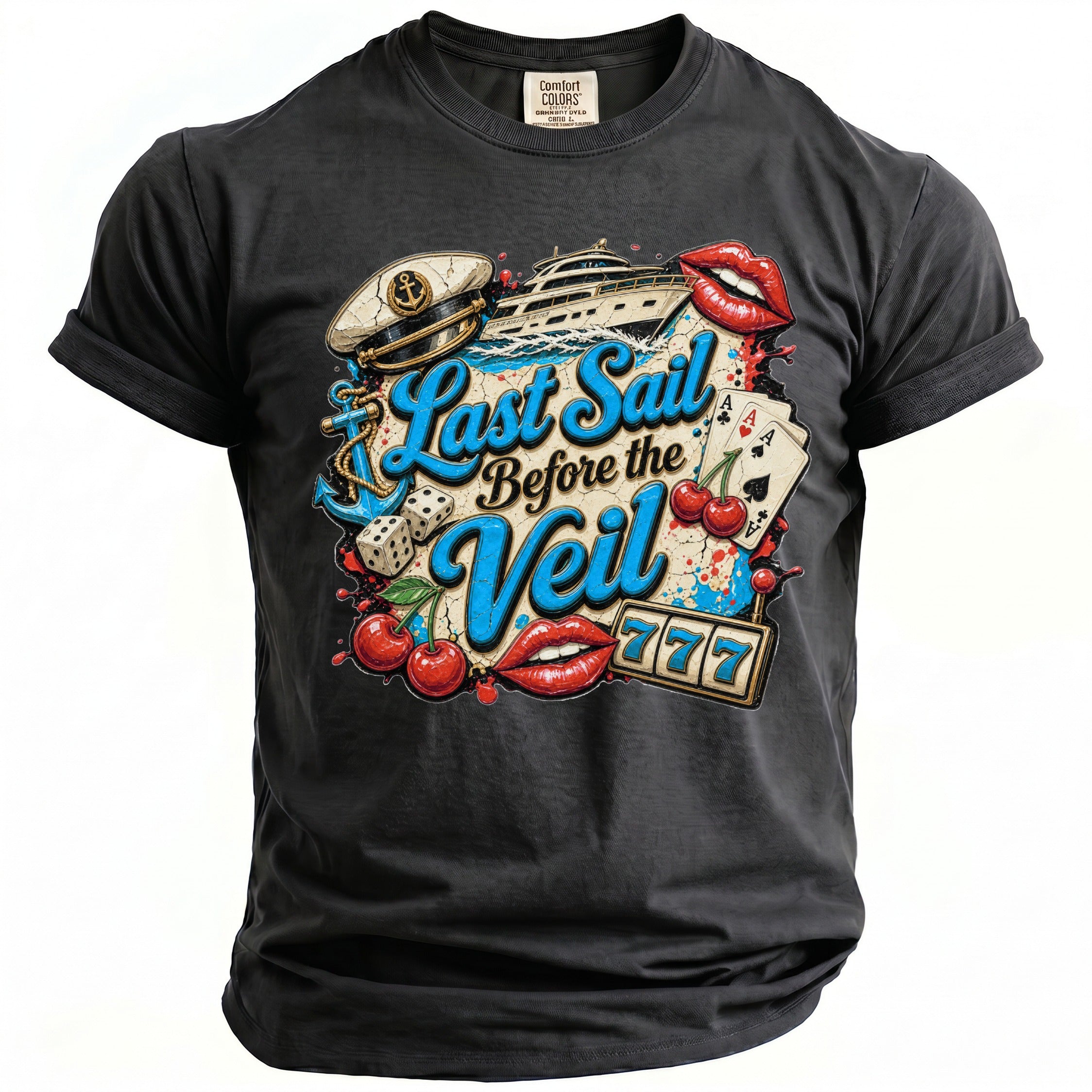 A black t-shirt featuring a nautical themed design with text Last Sail Before the Veil.