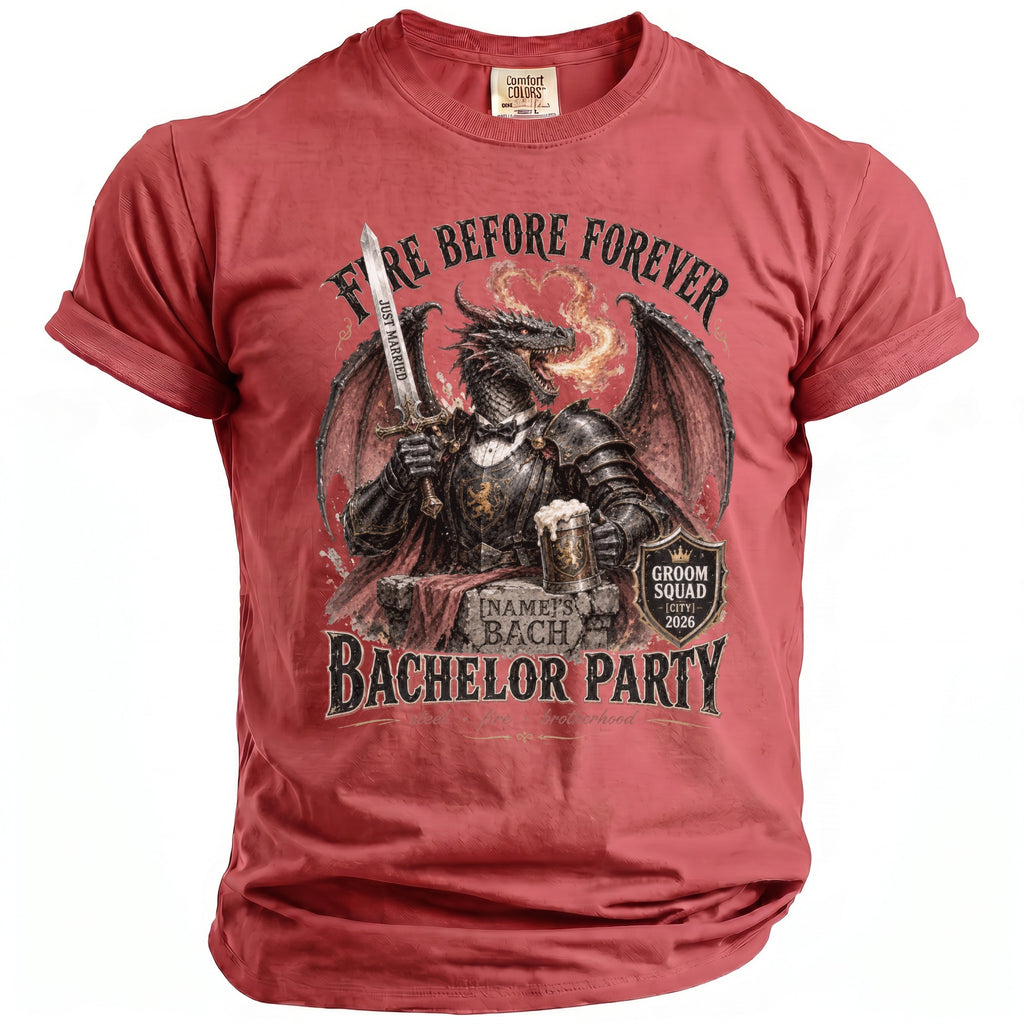 Red t-shirt with a dragon holding a sword and beer, reading "BACHELOR PARTY".