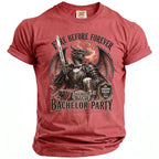 Red t-shirt with a dragon holding a sword and beer, reading "BACHELOR PARTY".