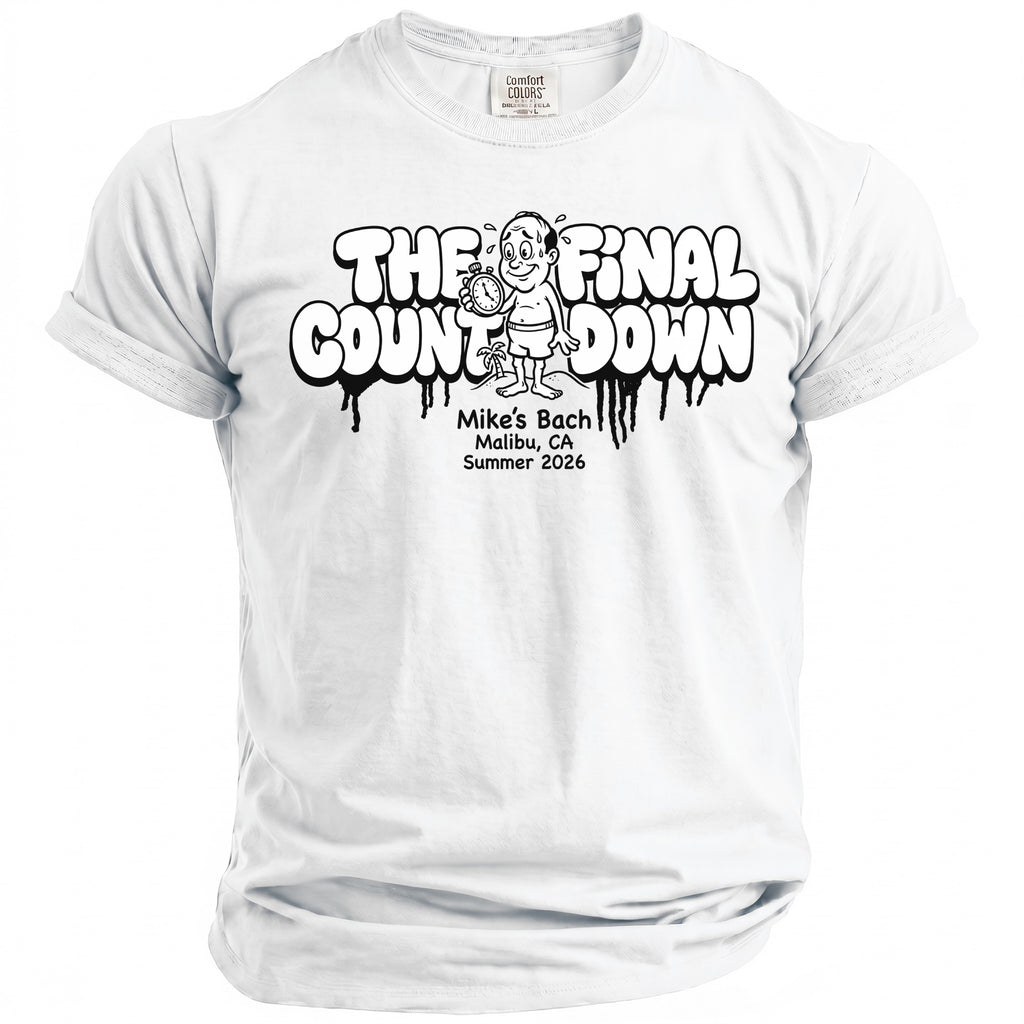 White t-shirt with "The Final Countdown" graphic and "Mike's Bach Malibu, CA Summer 2026".