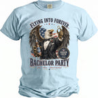 Eagle in suit holding beer and ring, "Flying Into Forever Bachelor Party".