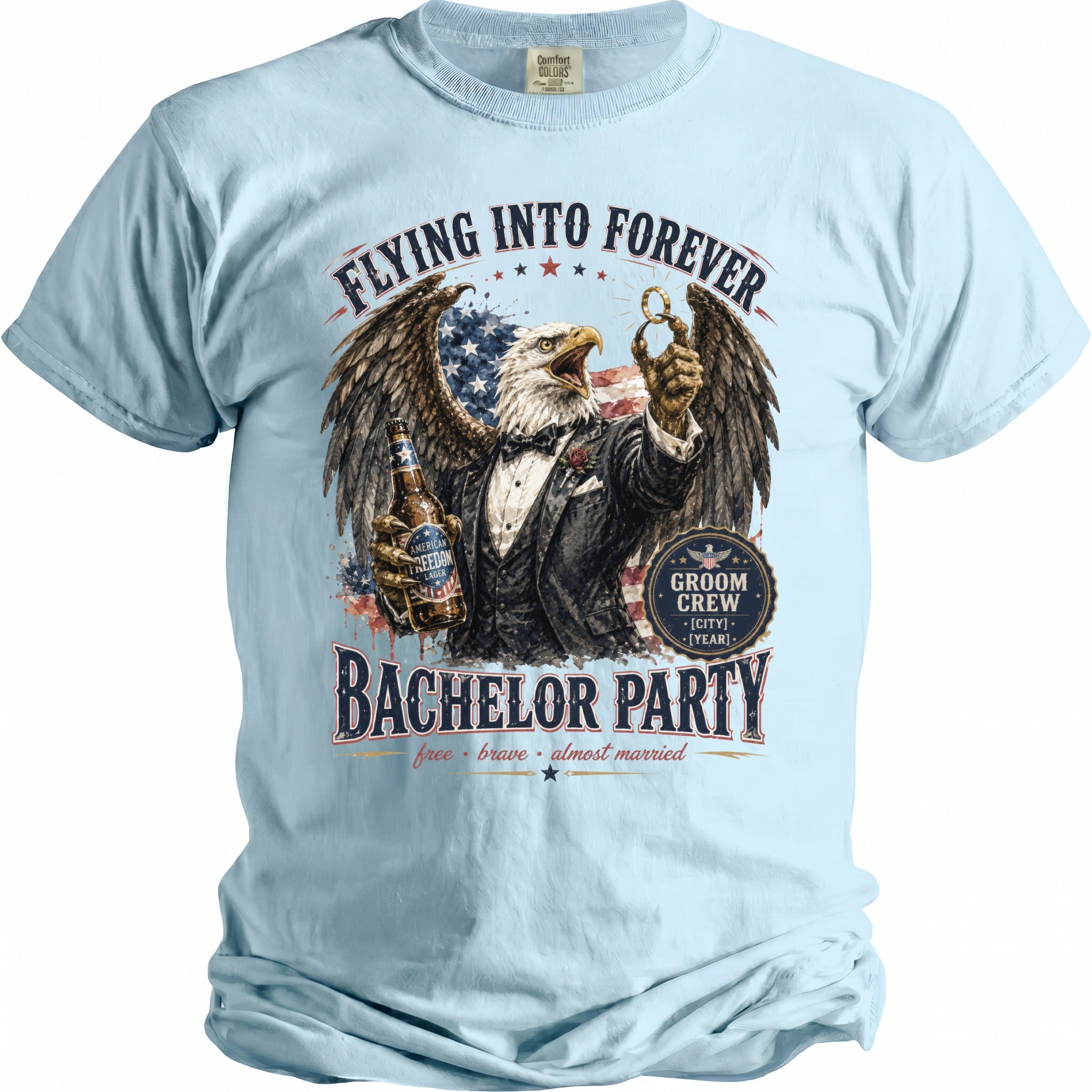 Eagle in suit holding beer and ring, "Flying Into Forever Bachelor Party".