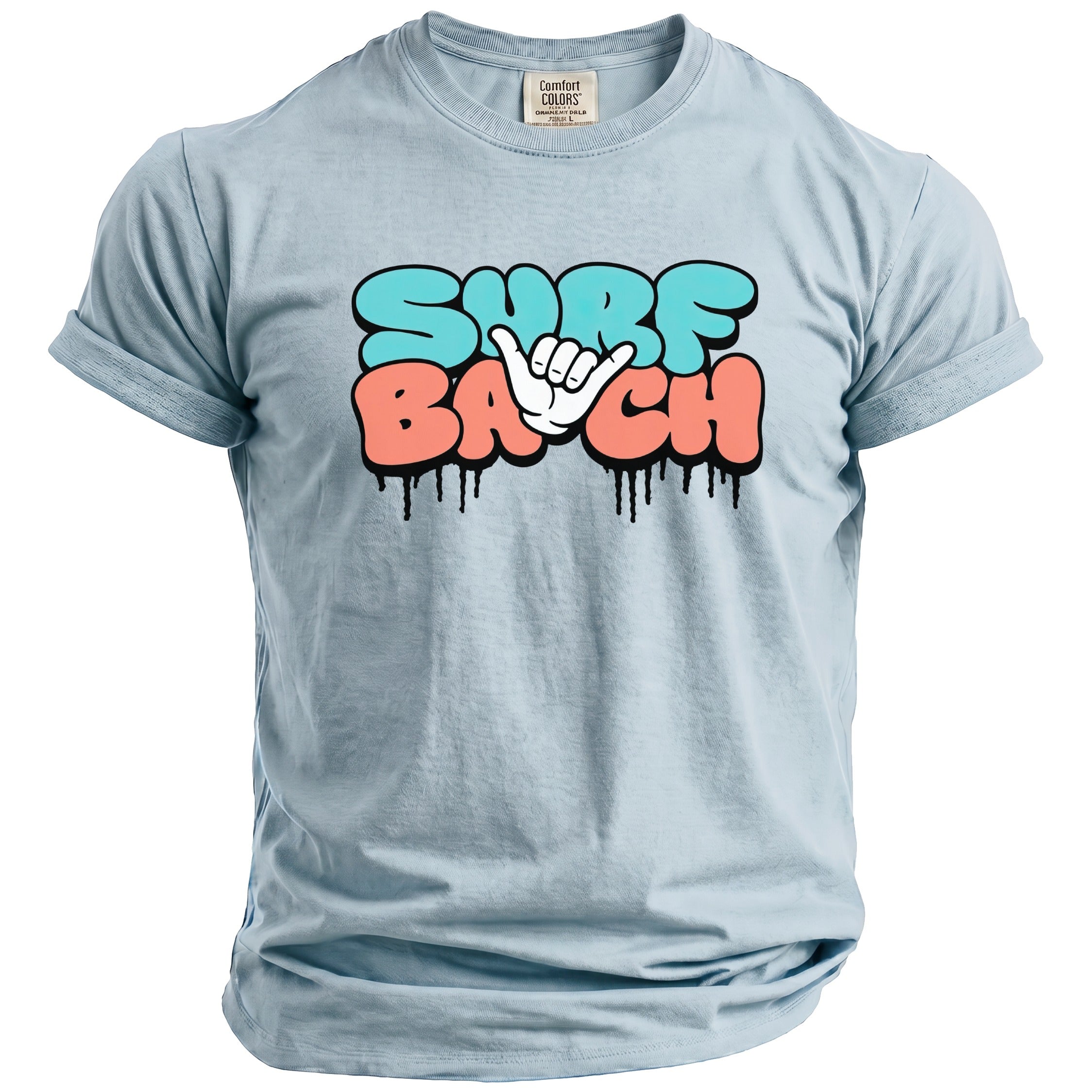 Light blue t-shirt with "SURF" and "BAGH" text and a shaka hand gesture.