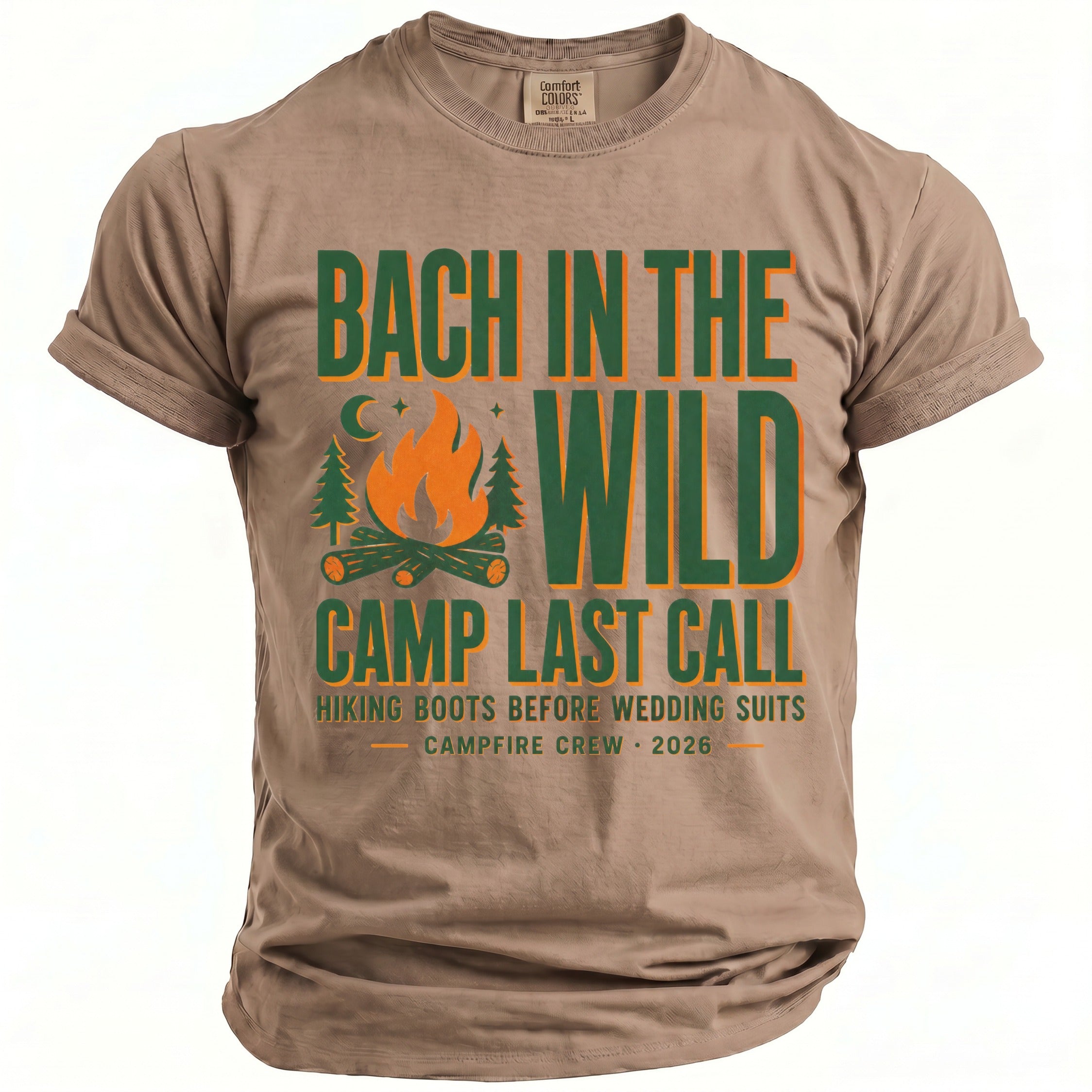 Brown t-shirt with "Bach in the Wild Camp Last Call" graphic and campfire design.