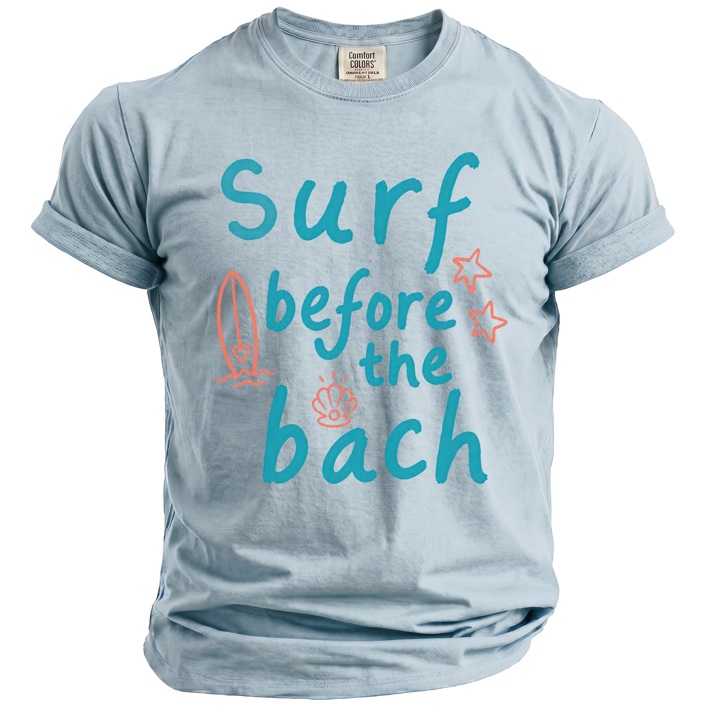 Light blue t-shirt with "surf before the bach" text and beach graphics.