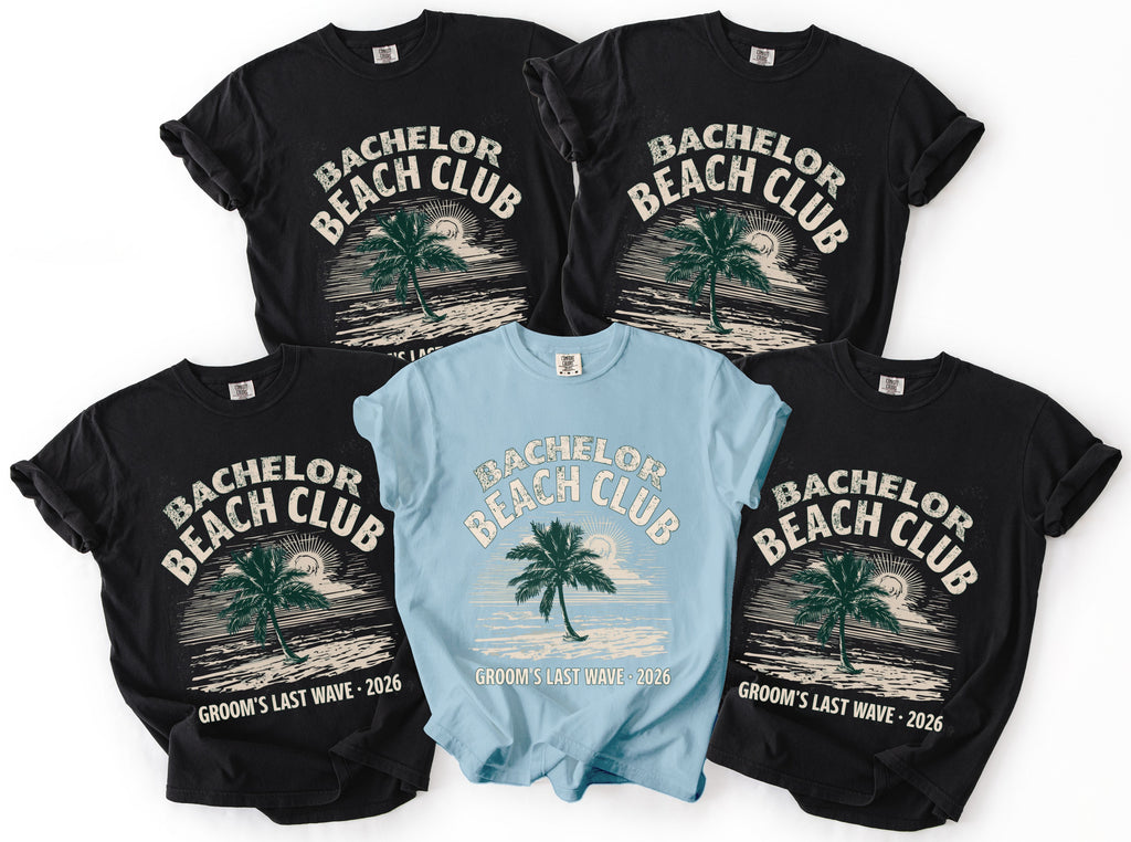 Black and blue t-shirts with "Bachelor Beach Club Groom's Last Wave 2026" graphics.