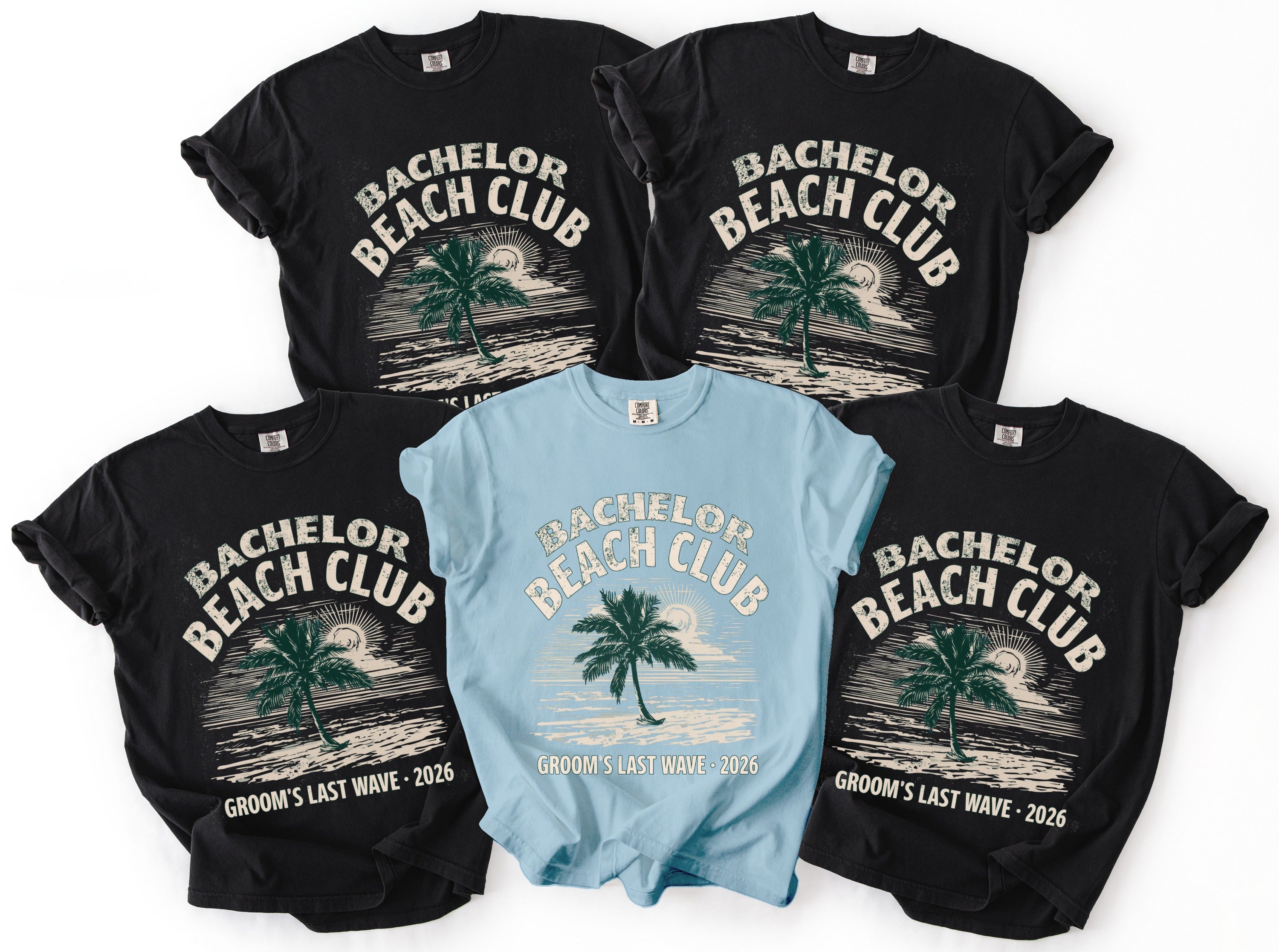 Black and blue t-shirts with "Bachelor Beach Club Groom's Last Wave 2026" graphics.