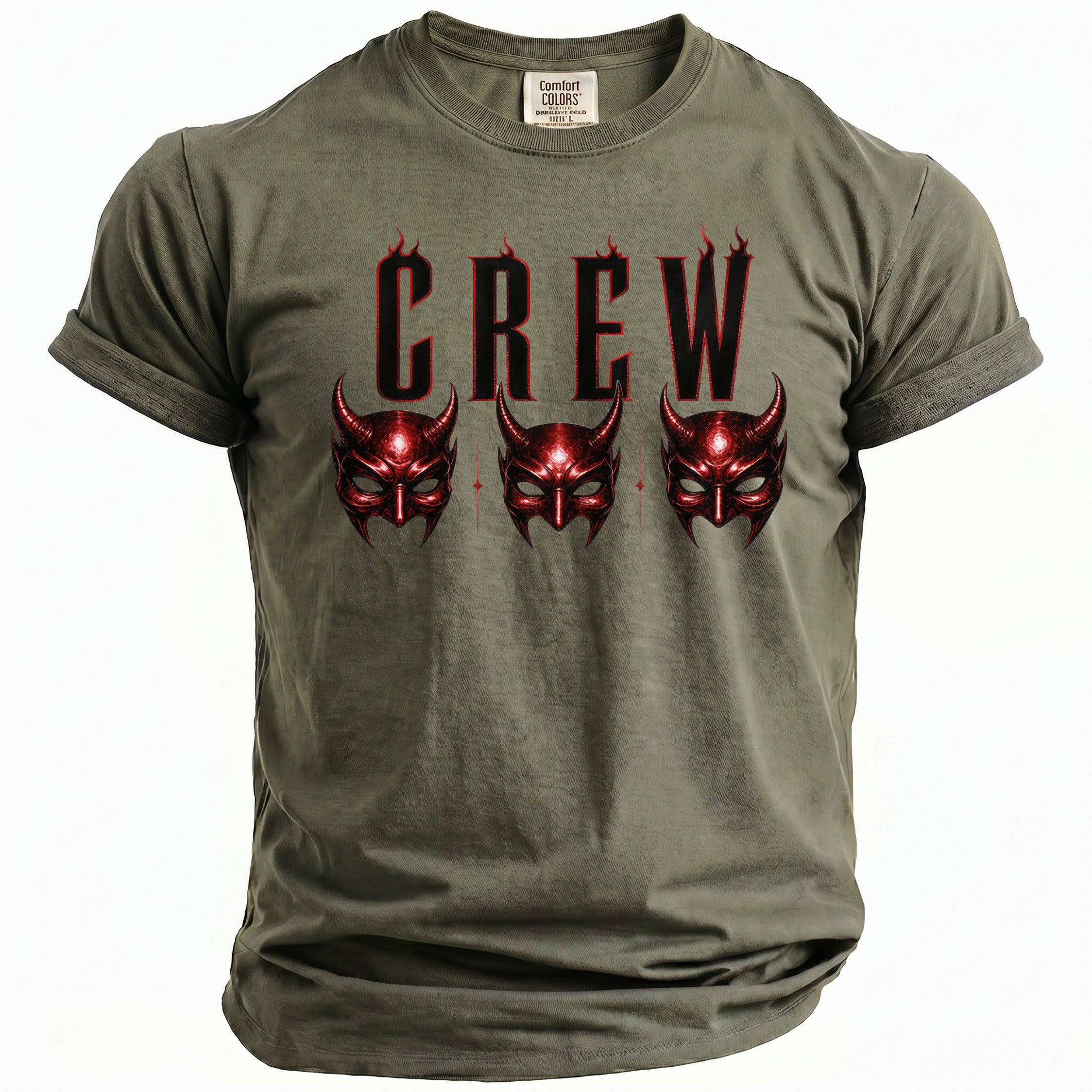 Olive green t-shirt with "CREW" text and three red devil masks.