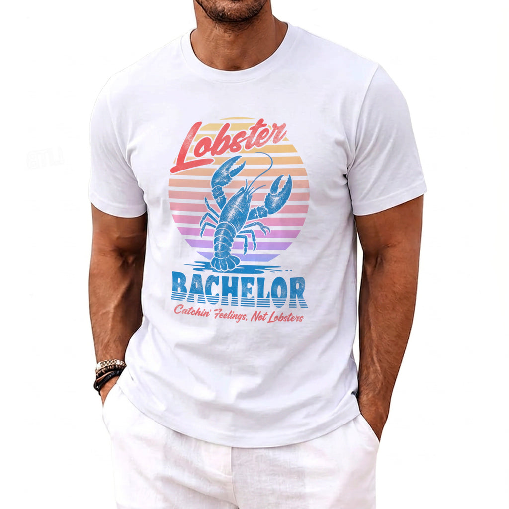 White t-shirt with blue lobster and text "Lobster Bachelor Catchin' Feelings, Not Lobsters".