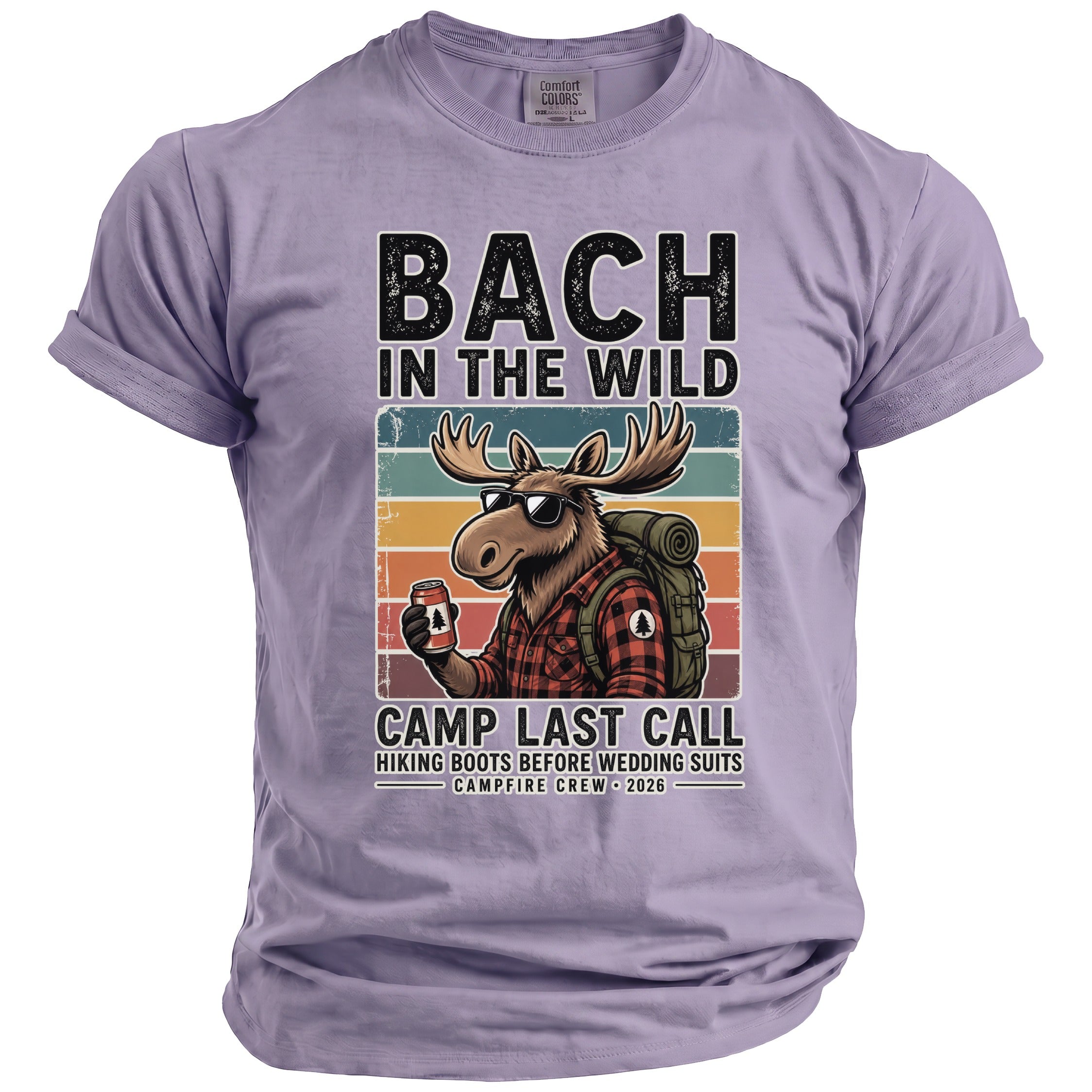 Moose with backpack and drink on t-shirt reads "Bach in the Wild Camp Last Call".