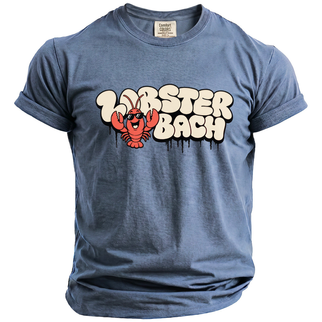 Blue t-shirt with a cartoon lobster and text "Lobster Bach."