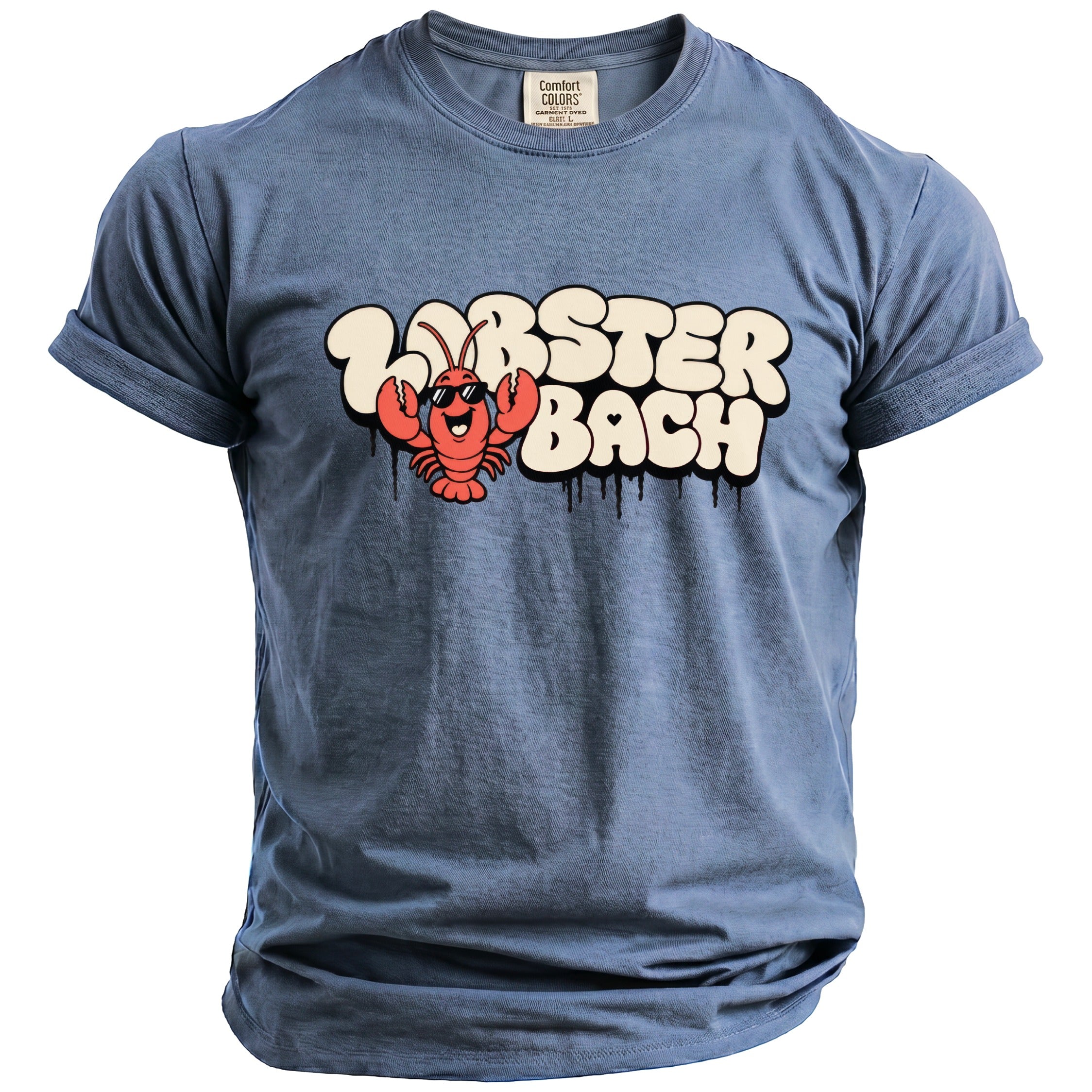 Blue t-shirt with a cartoon lobster and text "Lobster Bach."