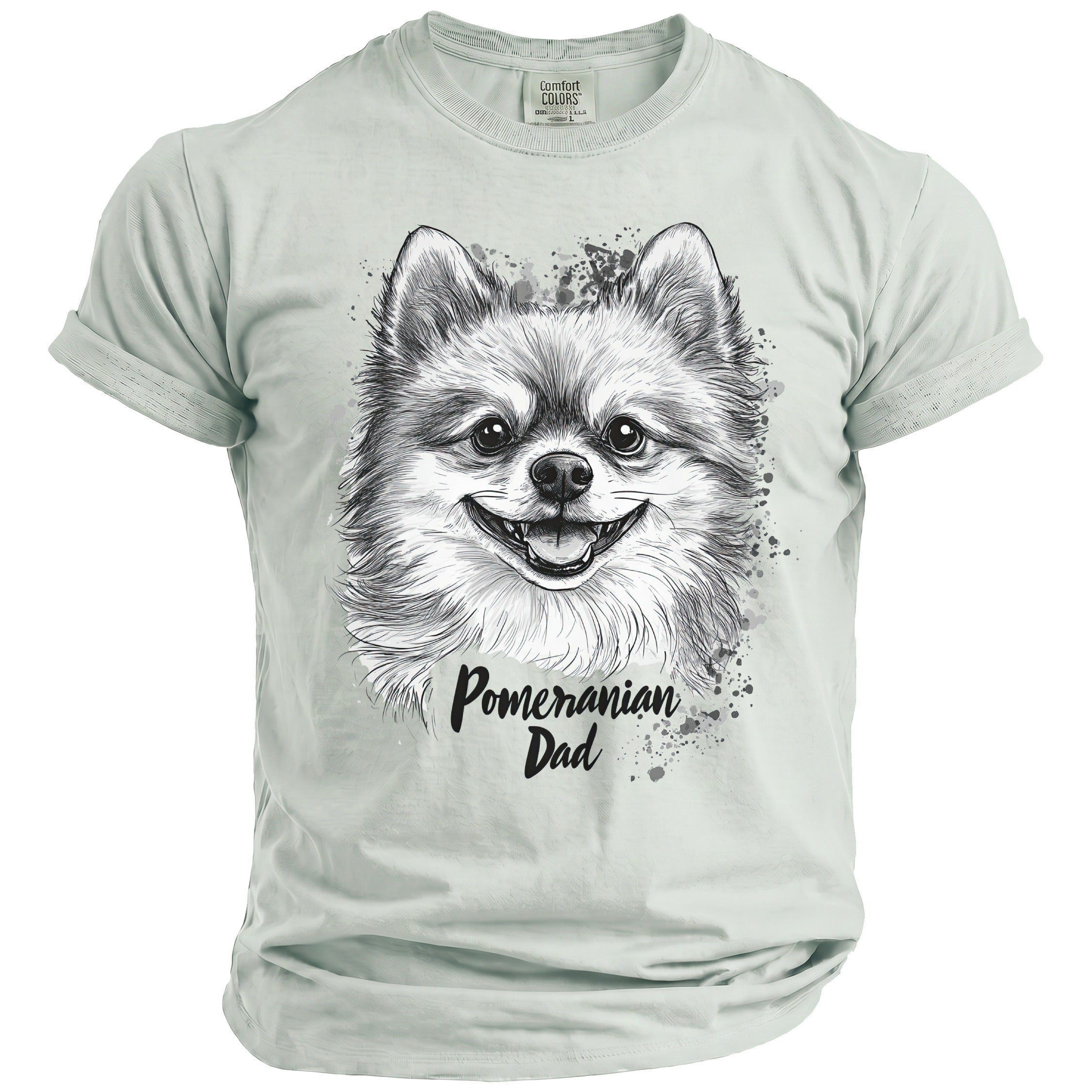 T-shirt with a black and white sketch of a happy Pomeranian dog and text "Pomeranian Dad".