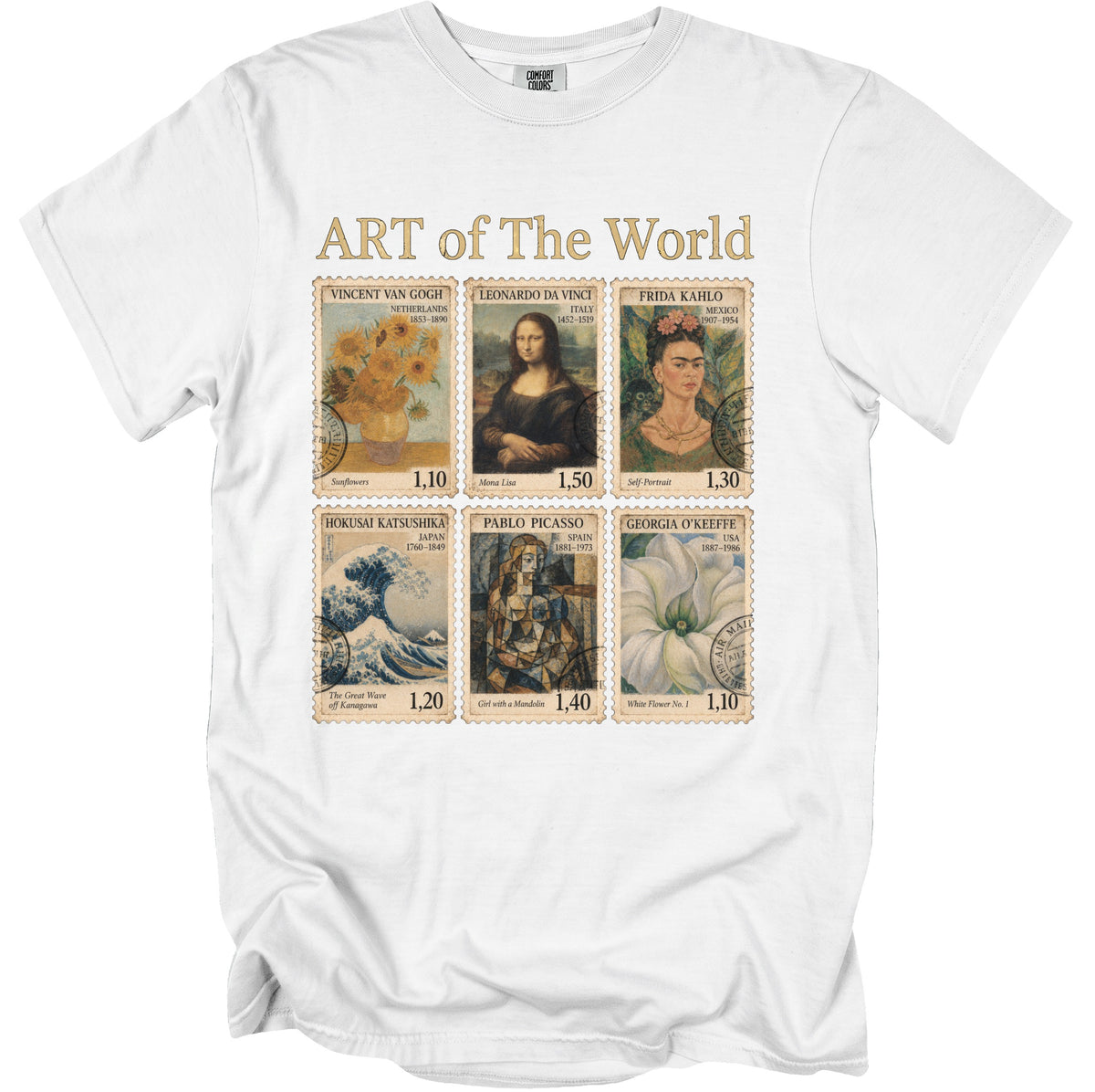 T-shirt with "Art of The World" and six famous artworks presented as postage stamps.
