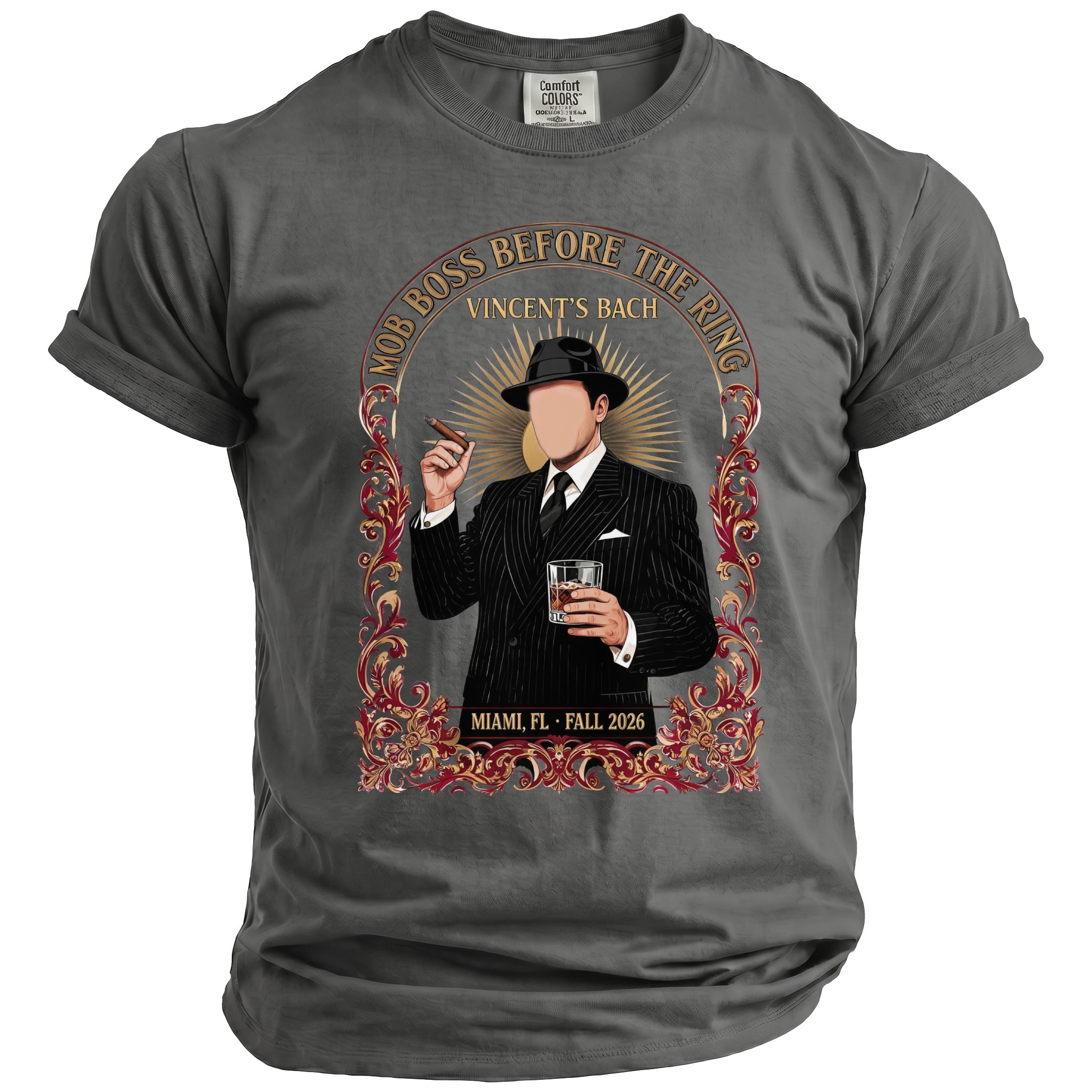 Man in suit and hat holds cigar and drink, "Mob Boss Before The Ring".