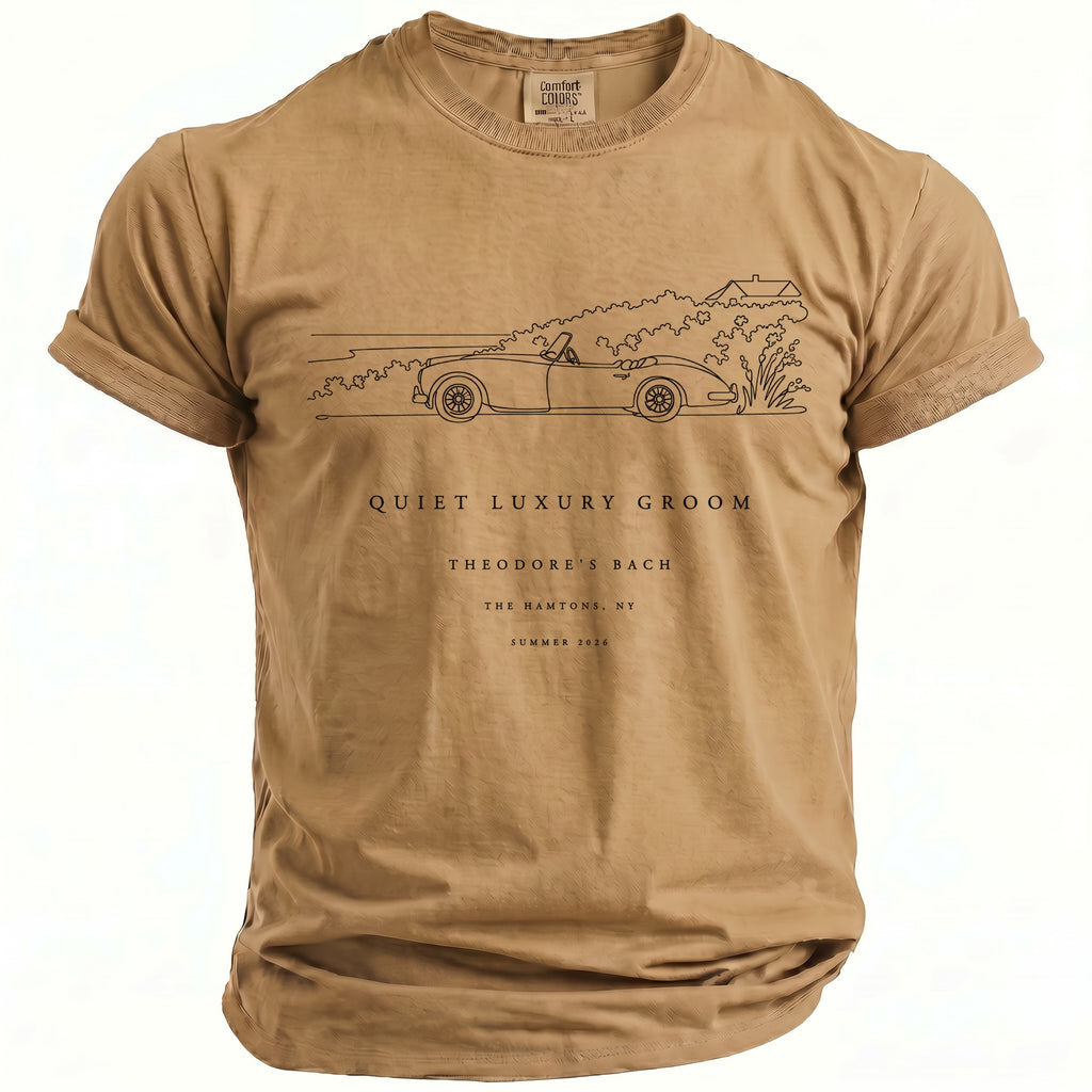 Tan t-shirt with a line drawing of a convertible and text including "Quiet Luxury Groom".