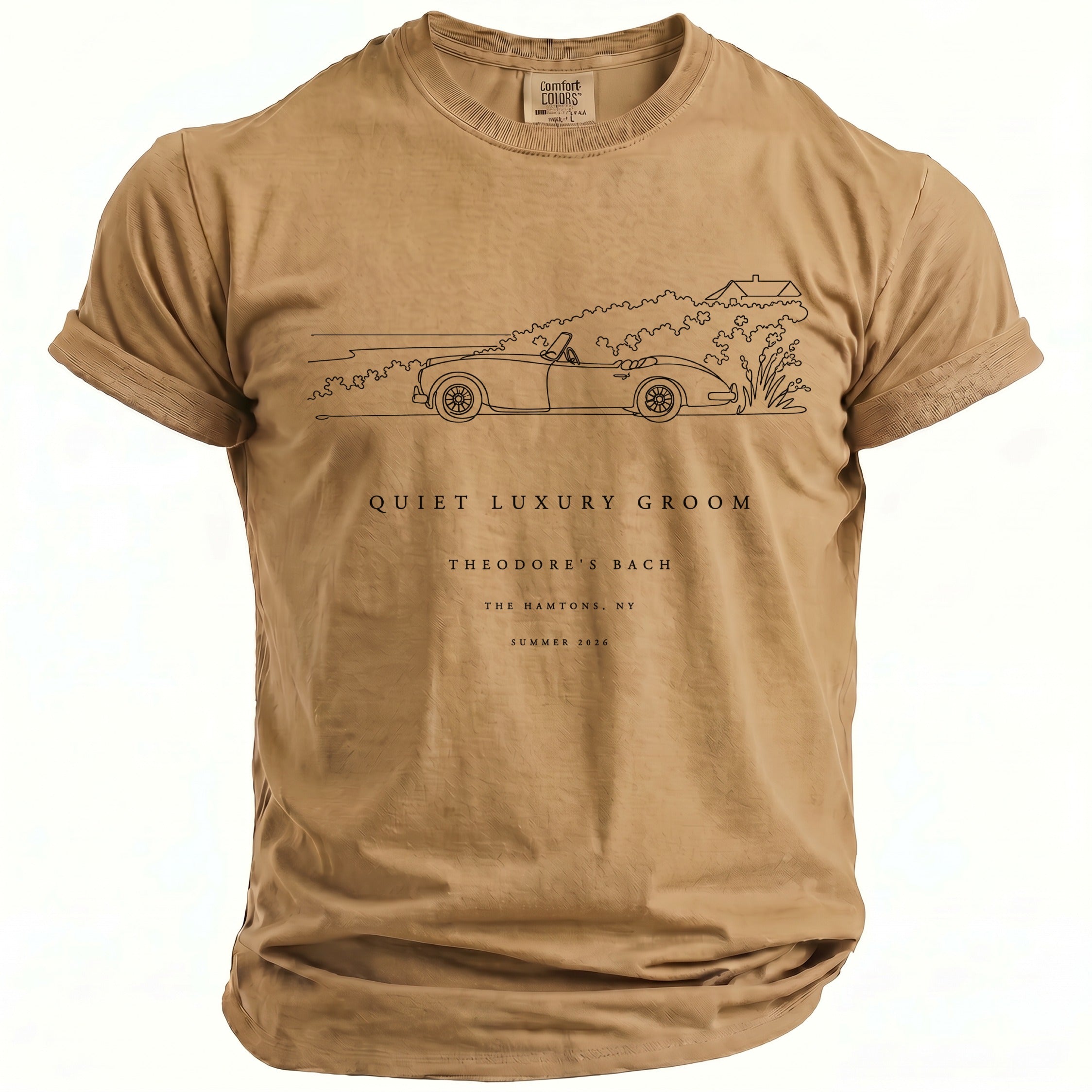 Tan t-shirt with a line drawing of a convertible and text including "Quiet Luxury Groom".