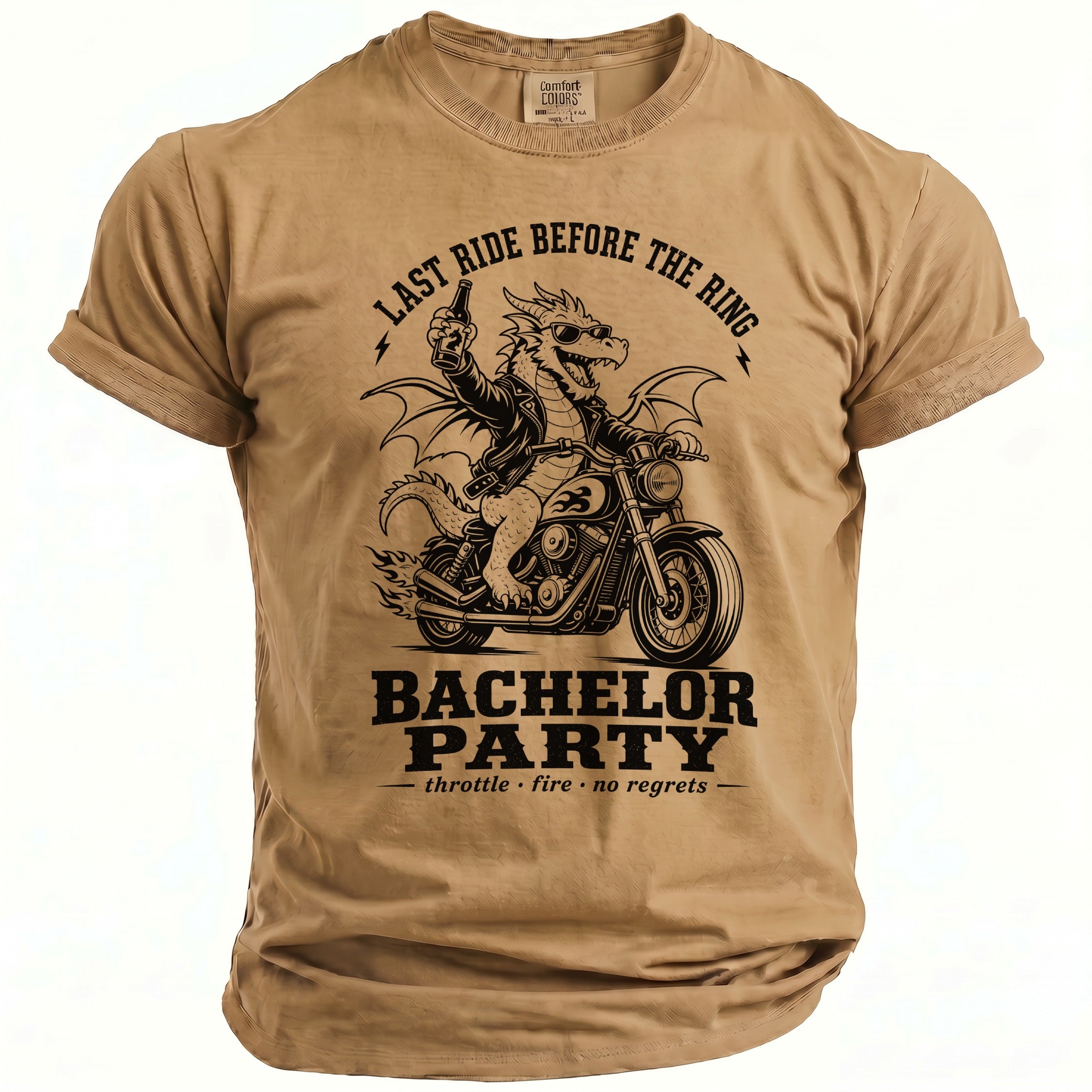 T-shirt with a dragon riding a motorcycle and the text "Last ride before the ring bachelor party".
