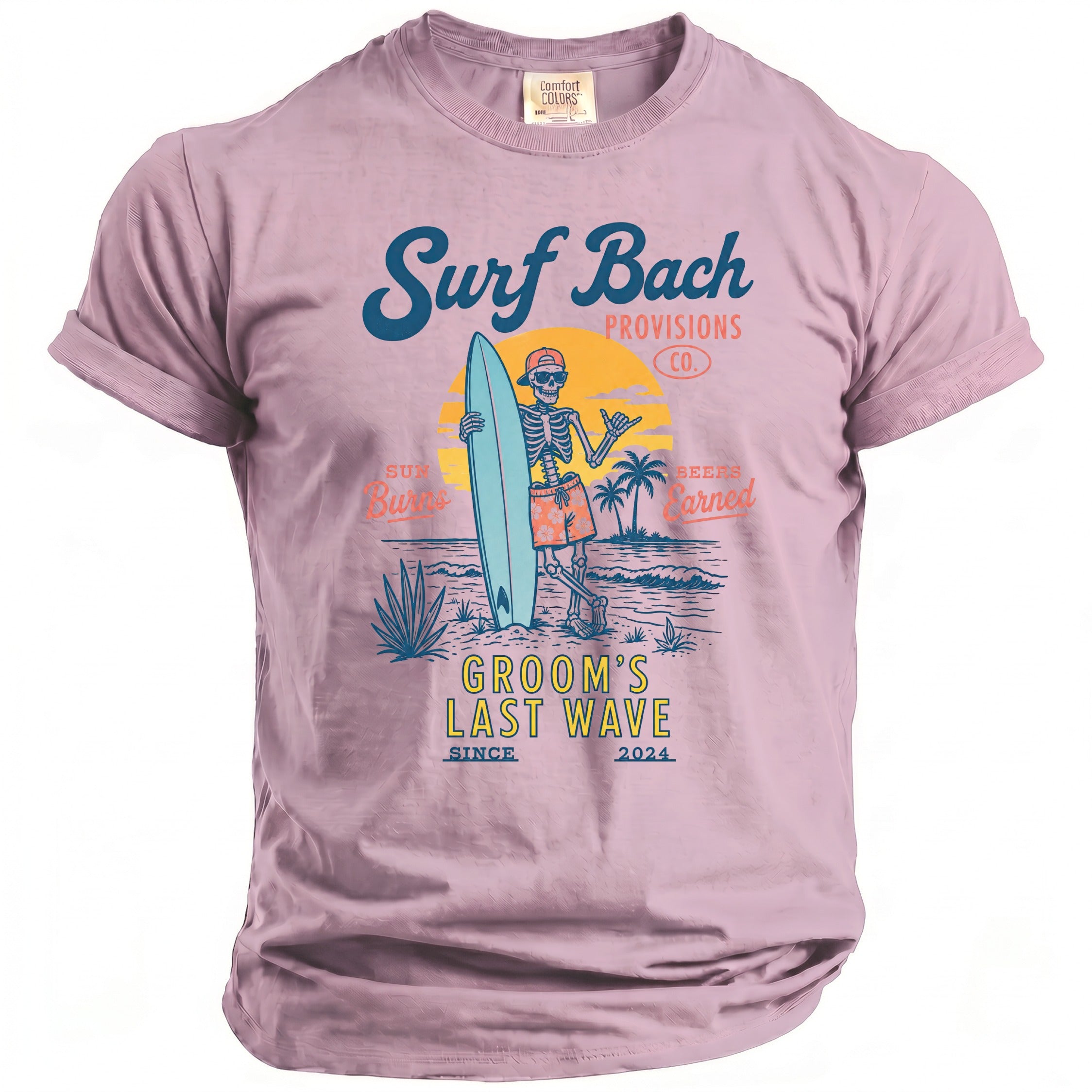 Skeleton with surfboard on beach, "Surf Bach Provisions Co.", "Groom's Last Wave".