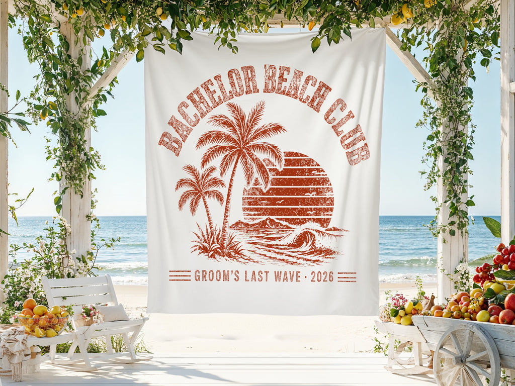 White tapestry with "Bachelor Beach Club Groom's Last Wave 2026" design on beach.
