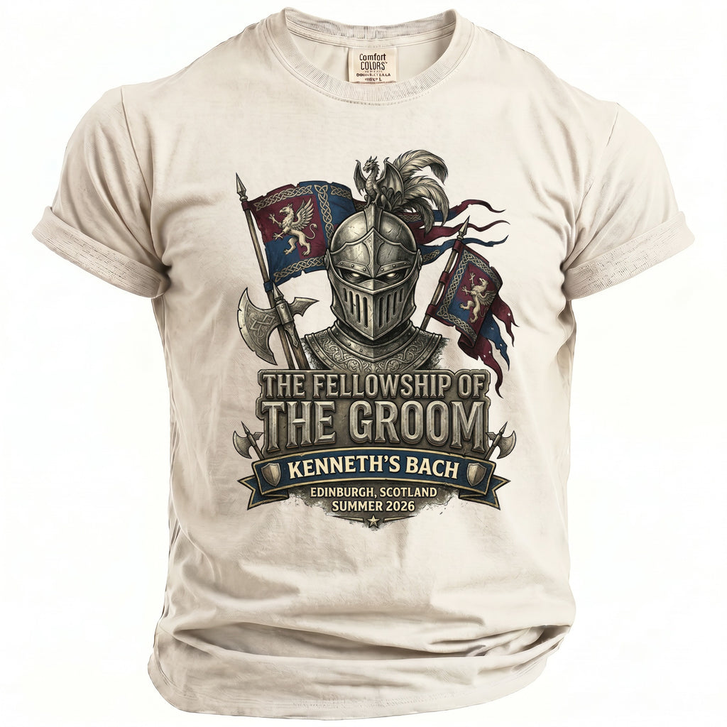 T-shirt with knight, flags, and text "The Fellowship of the Groom Kenneth's Bach".