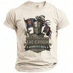 T-shirt with knight, flags, and text "The Fellowship of the Groom Kenneth's Bach".